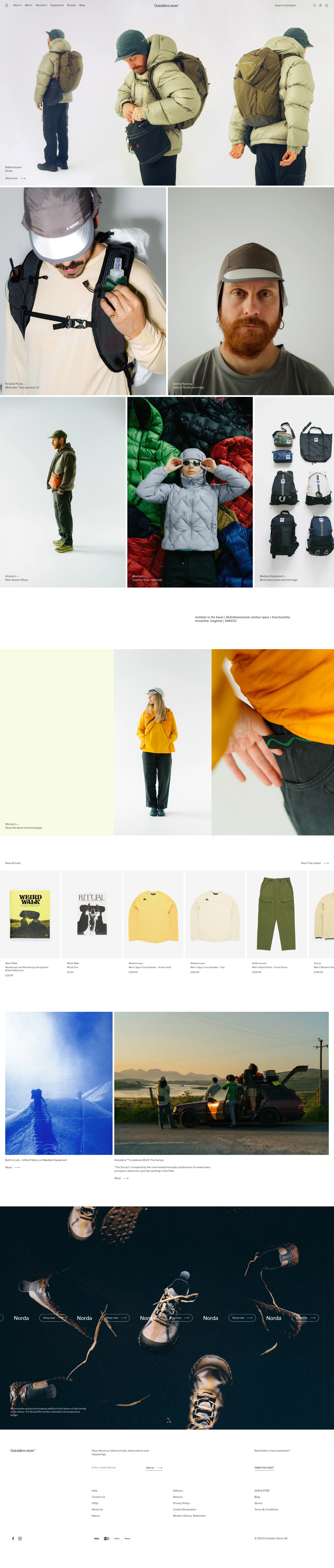Outsiders Store Landing Page Example: Explore the latest functional clothing, footwear and equipment for both men & women.