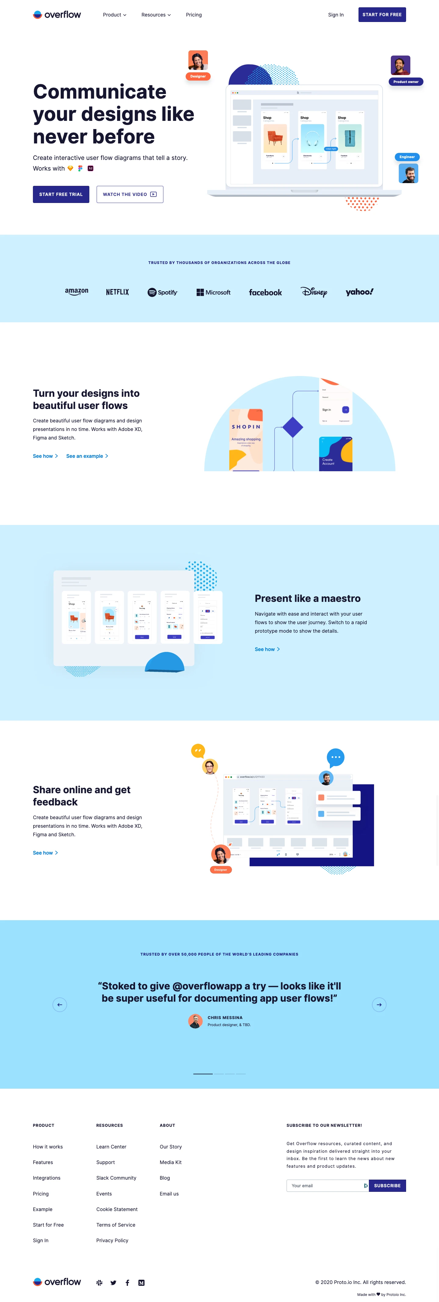 Overflow Landing Page Example: The world’s first user flow diagramming tool tailored for designers. Build and present beautiful user flow diagrams that tell a story.