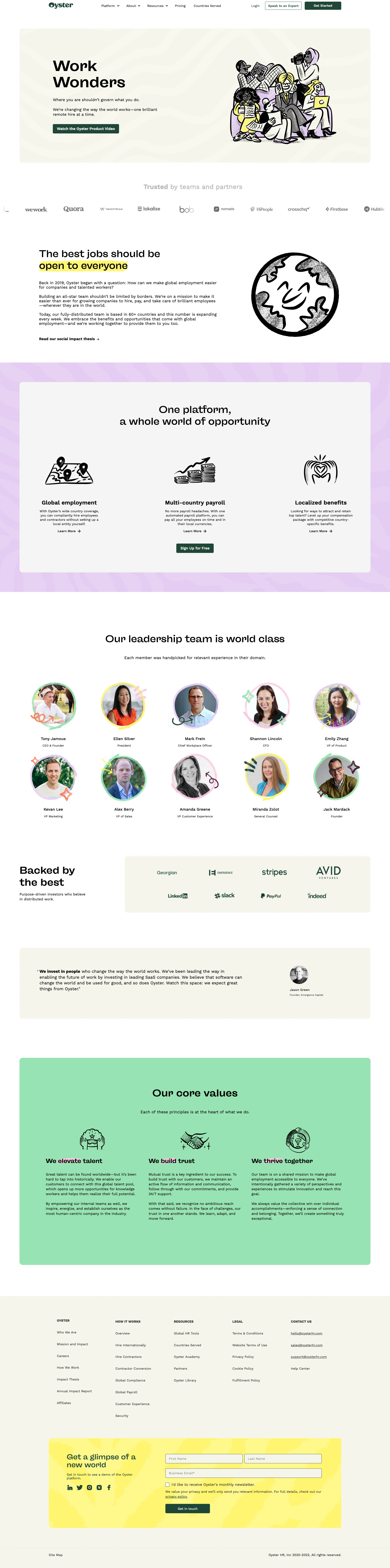 Oyster Landing Page Example: Hire anywhere, thrive everywhere. Meet your trusted partner for expanding teams across borders. Hire, pay, and care for talent around the world with Oyster.