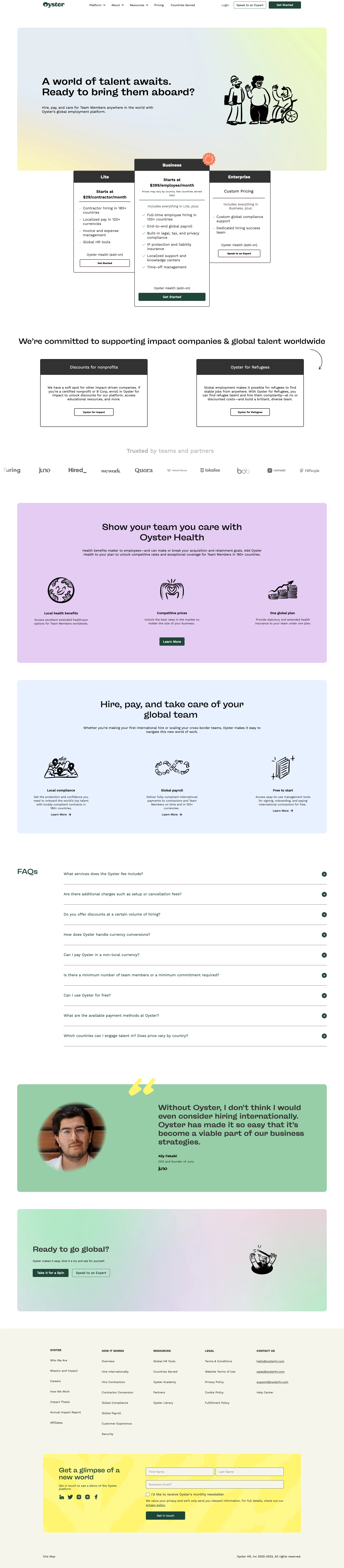 Oyster Landing Page Example: Hire anywhere, thrive everywhere. Meet your trusted partner for expanding teams across borders. Hire, pay, and care for talent around the world with Oyster.