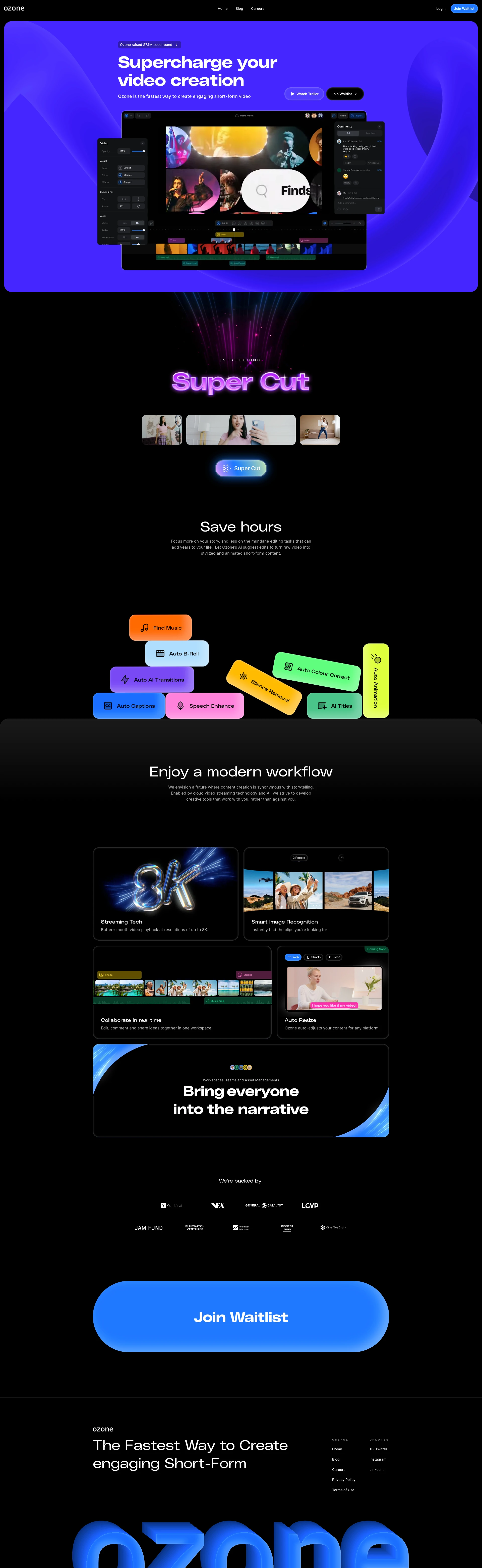 Ozone Landing Page Example: Supercharge your video creation. Ozone is the fastest way to create engaging short-form video.