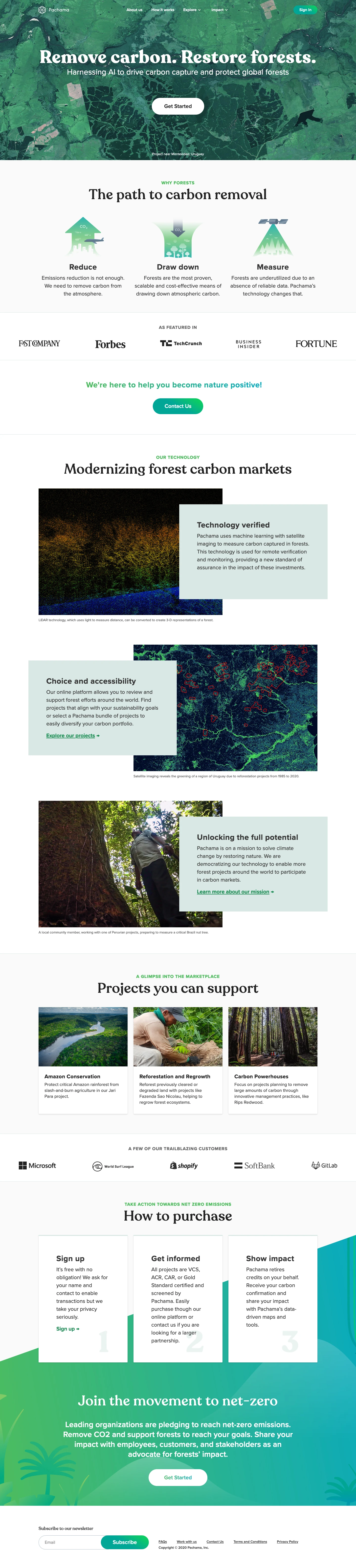 Pachama Landing Page Example: Harnessing AI to drive carbon capture and protect global forests.