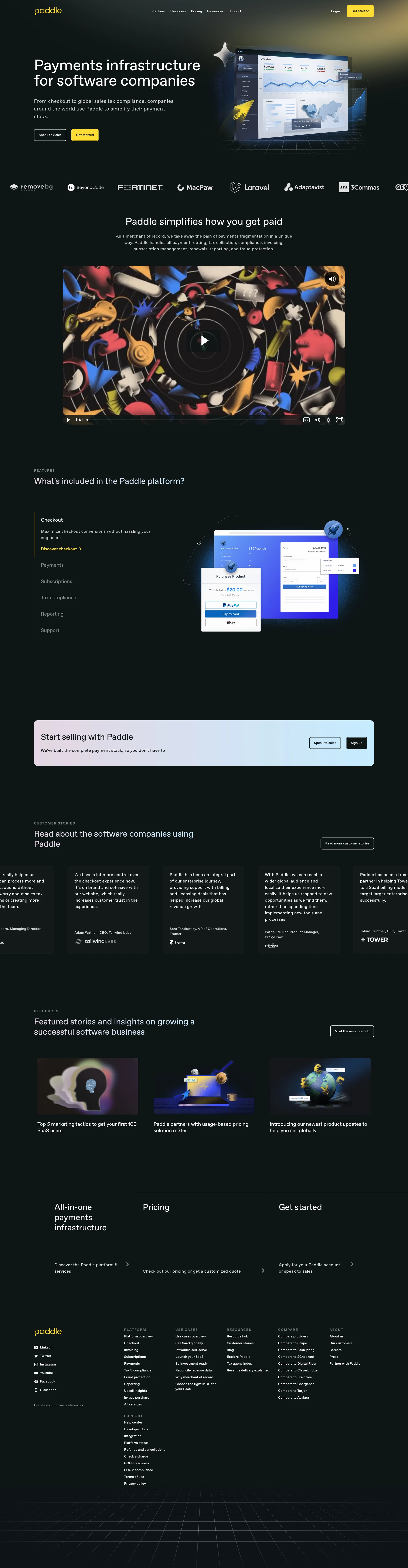 Paddle Landing Page Example: Payments infrastructure for software companies. From checkout to global sales tax compliance, companies around the world use Paddle to simplify their payment stack.