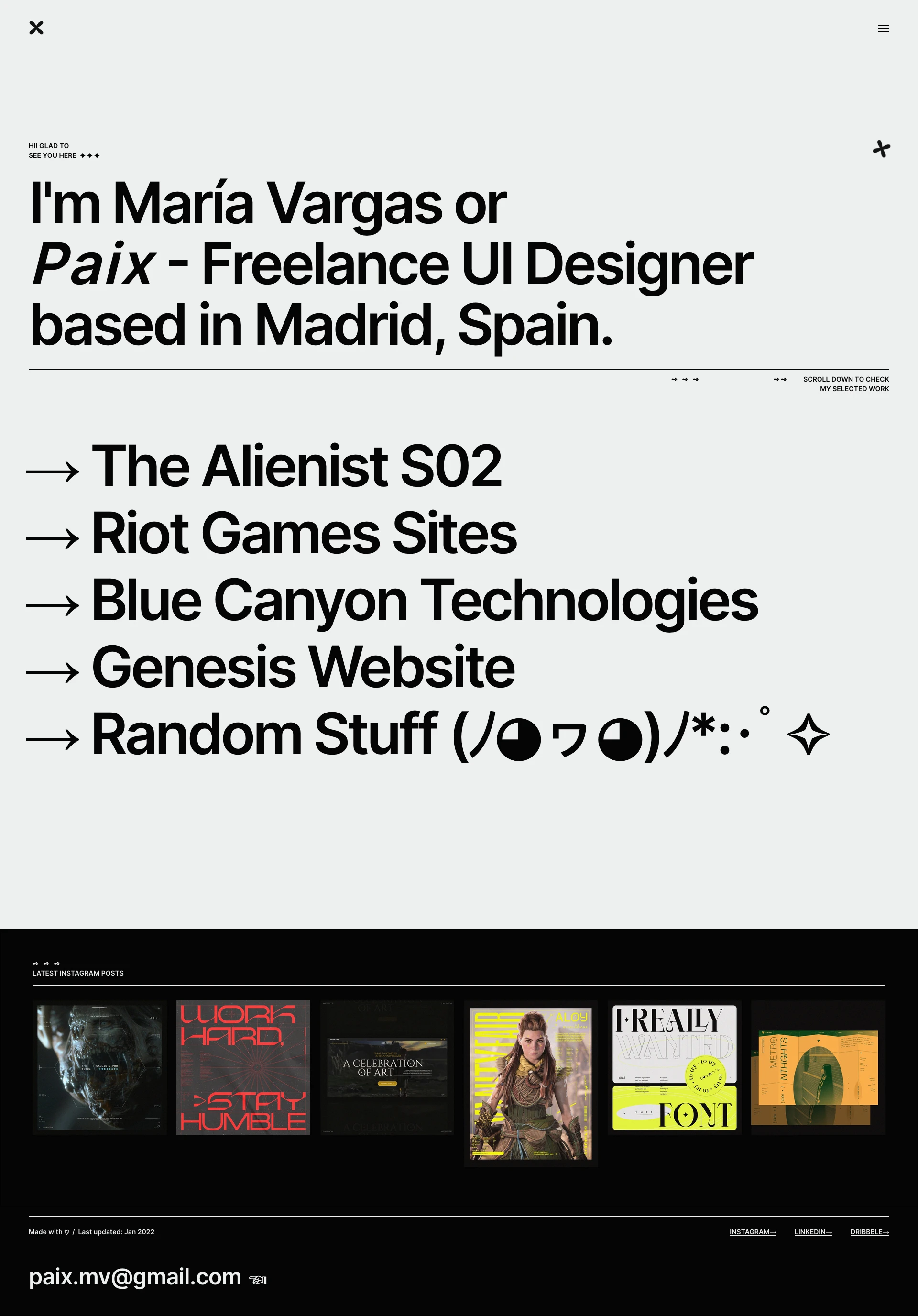 Paix Landing Page Example: I'm María Vargas or Paix - Freelance UI Designer based in Madrid, Spain.