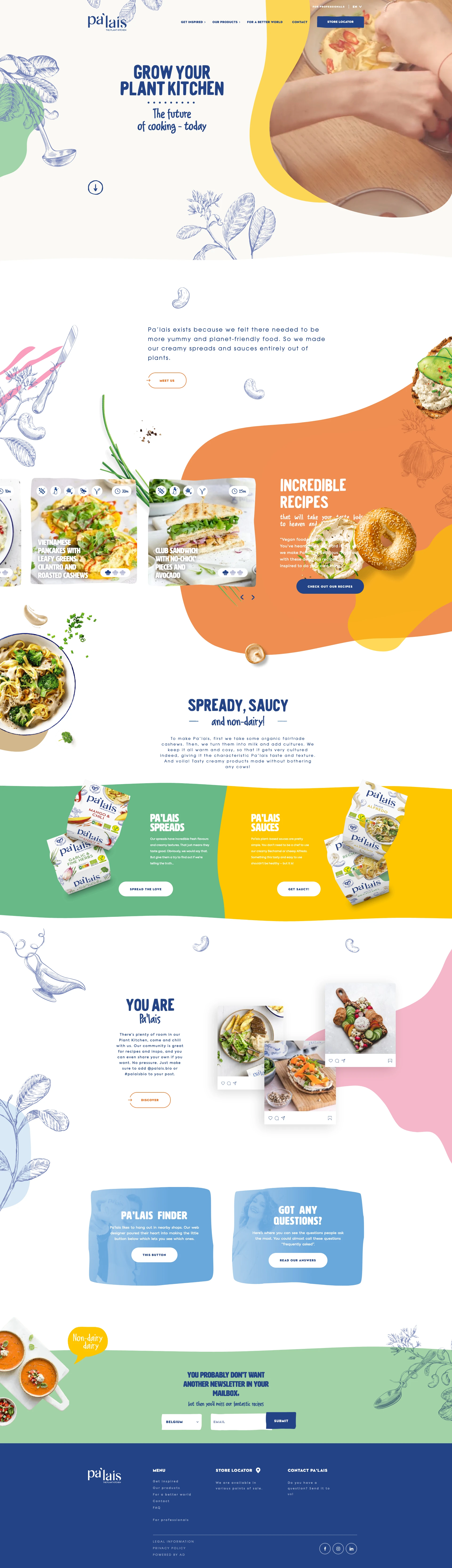 Pa'lais Landing Page Example: Discover our vegan spread-cheeses and sauces made entirely out of plants. Lactose-free, gluten-free, soy-free, sugar-free and additive-free.