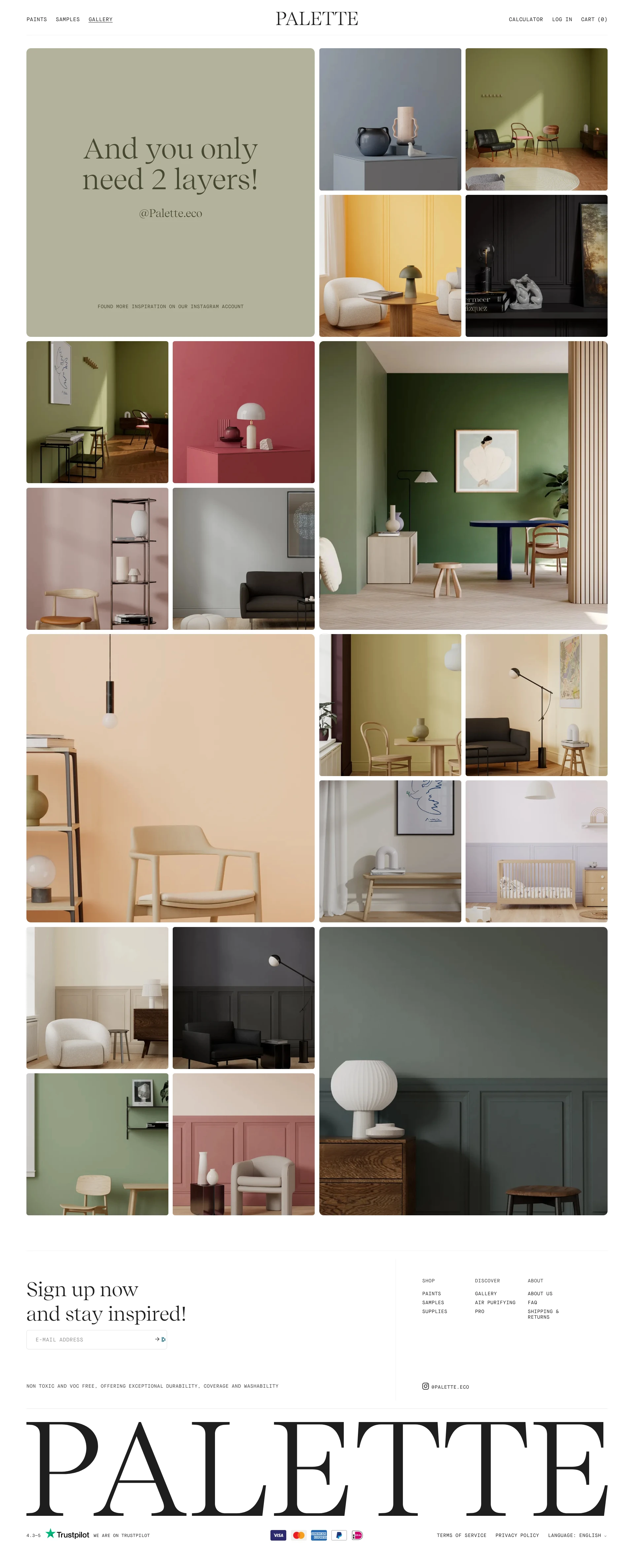 Palette Landing Page Example: Sustainable, collorfull and VOC free paints for a modern interior.
