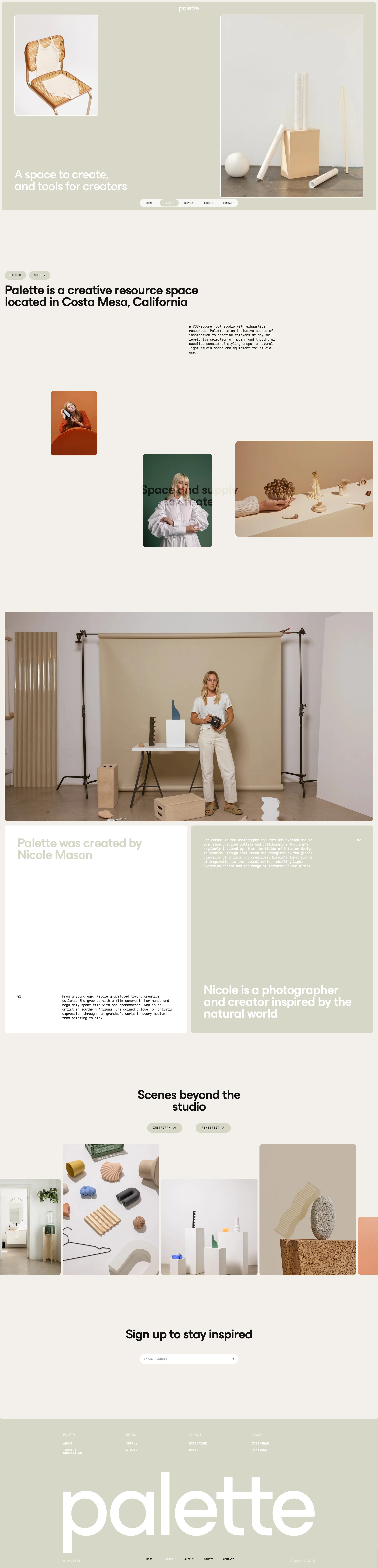 Palette Supply Landing Page Example: A comprehensive studio for contemplation, education and experimentation, Palette offers both space and supply for limitless creativity.