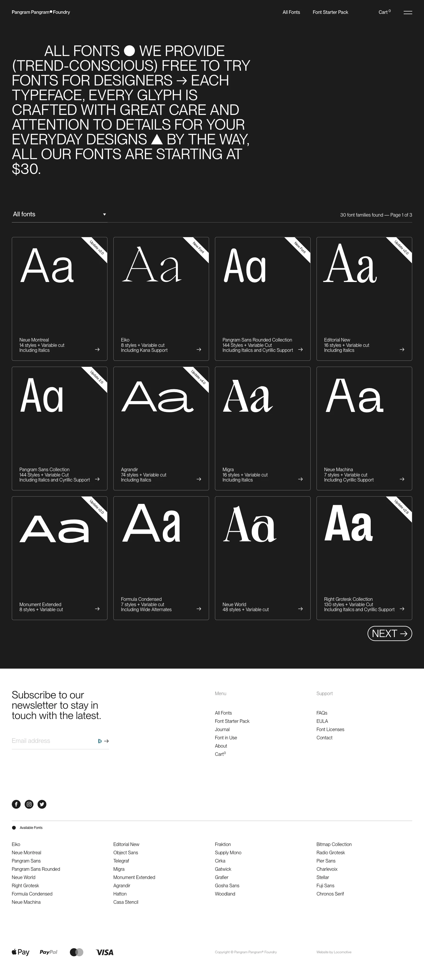 Pangram Pangram Foundry Landing Page Example: We are dedicated to making quality typefaces that can be used in everyday designs and projects. All our fonts are free to try.
