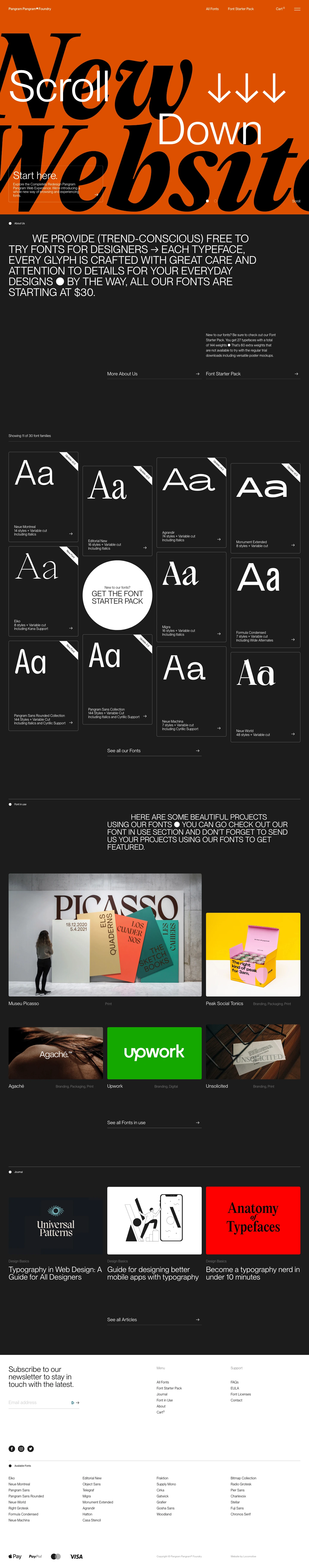 Pangram Pangram Foundry Landing Page Example: We are dedicated to making quality typefaces that can be used in everyday designs and projects. All our fonts are free to try.