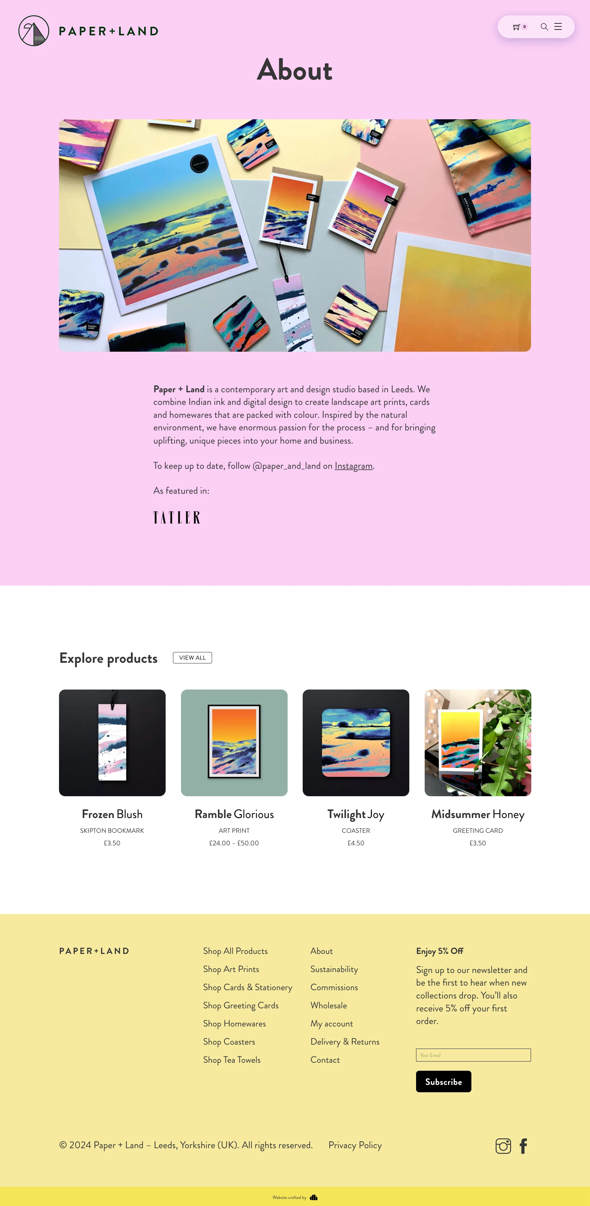 Paper + Land Landing Page Example: Paper + Land is an art and design studio based in Leeds, creating colourful landscape art prints, stationery, cards and homewares. Shop now.