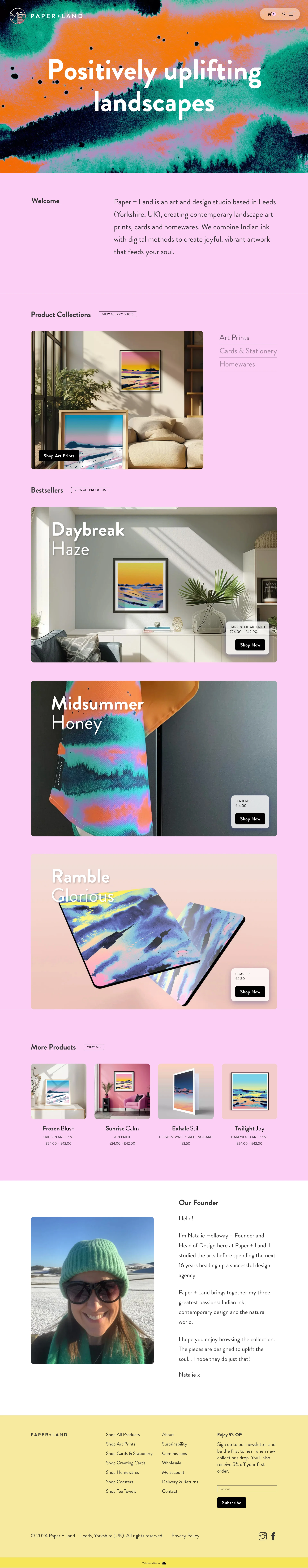 Paper + Land Landing Page Example: Paper + Land is an art and design studio based in Leeds, creating colourful landscape art prints, stationery, cards and homewares. Shop now.