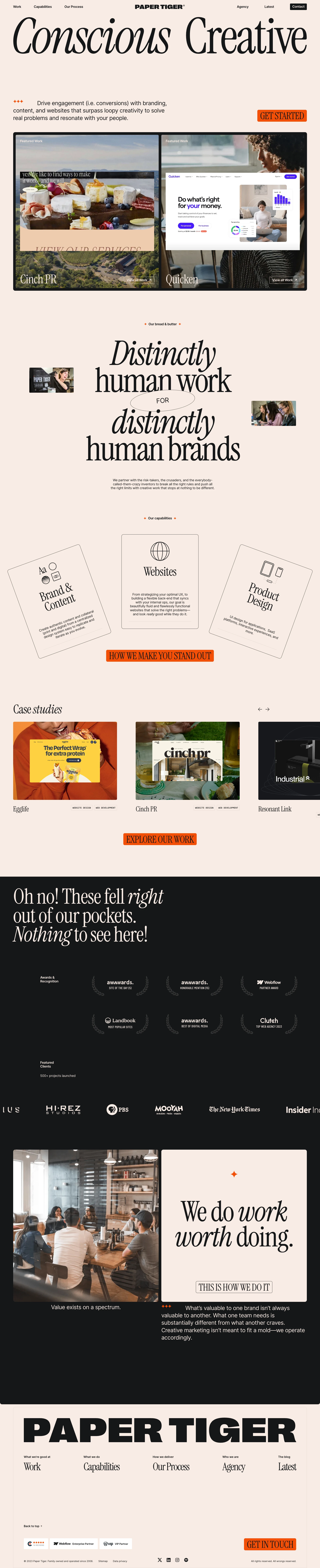 Paper Tiger Landing Page Example: A strategic creative agency delivering *distinctly human* work for *distinctly human* brands across websites, branding, product design, content, and marketing collateral.