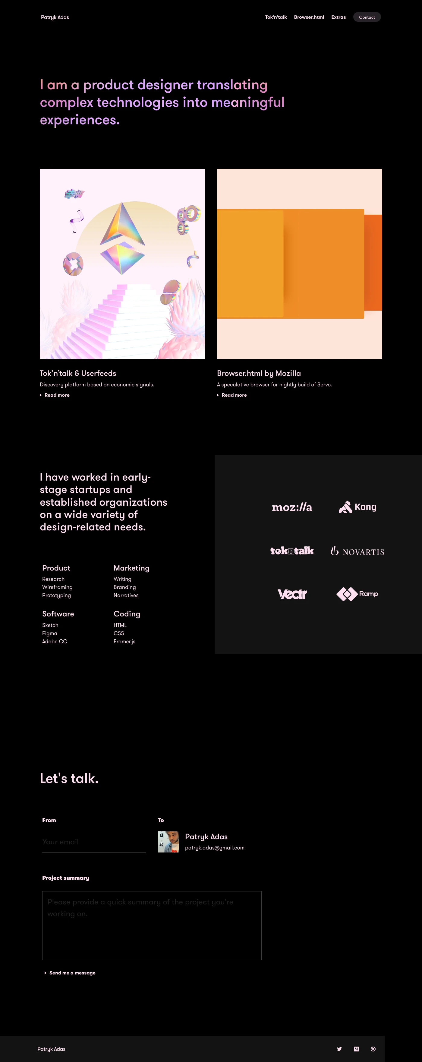 Patryk Adas Landing Page Example: I am a product designer translating complex technologies into meaningful experiences.