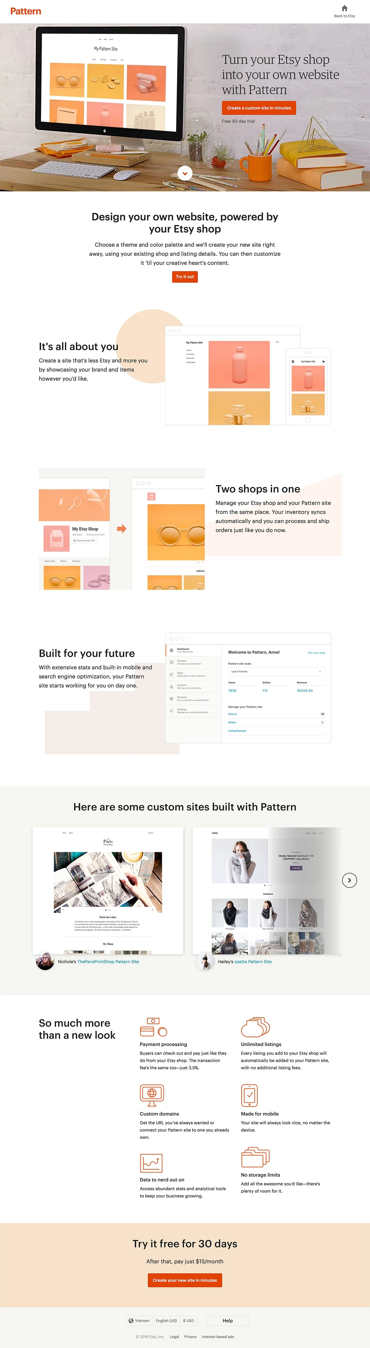 Pattern by Etsy Landing Page Example: Design your own website, powered by your Etsy shop