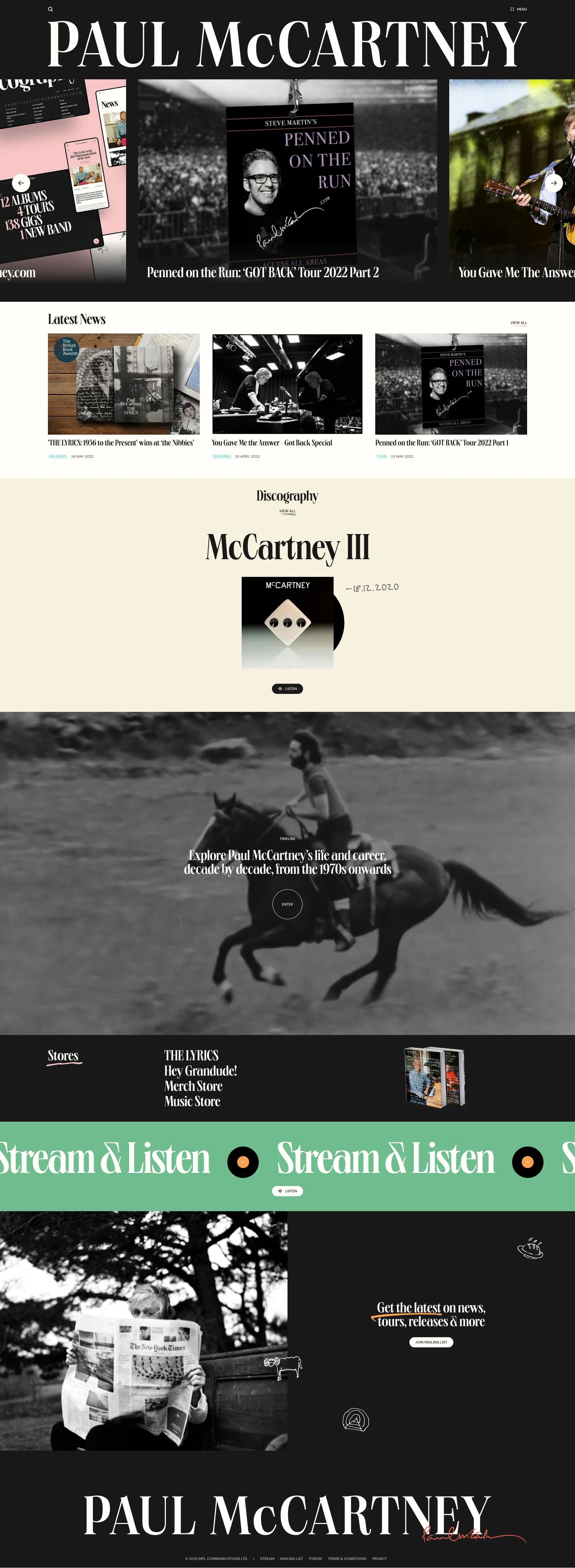 Paul McCartney Landing Page Example: Explore Paul McCartney’s life and career, decade by decade, from the 1970s onwards