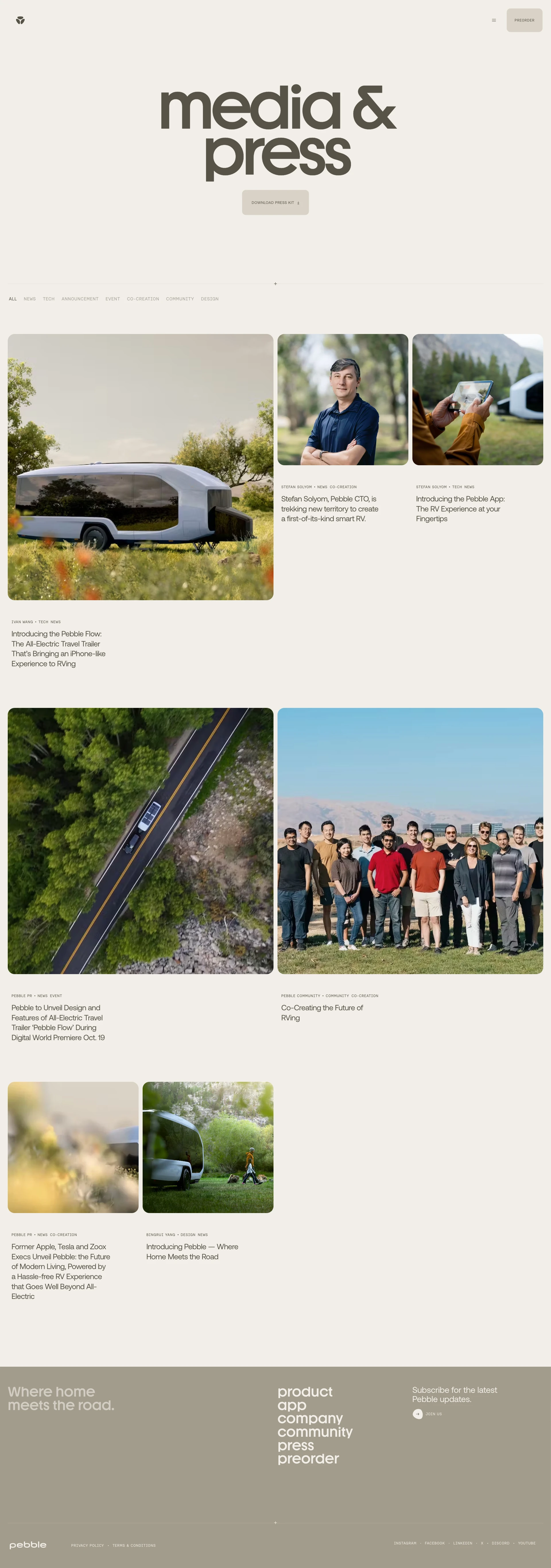 Pebble Landing Page Example: Defining a new way to work, live and explore from anywhere with the Pebble Flow, an all-electric travel trailer that’s bringing an iPhone-like experience to RVing.