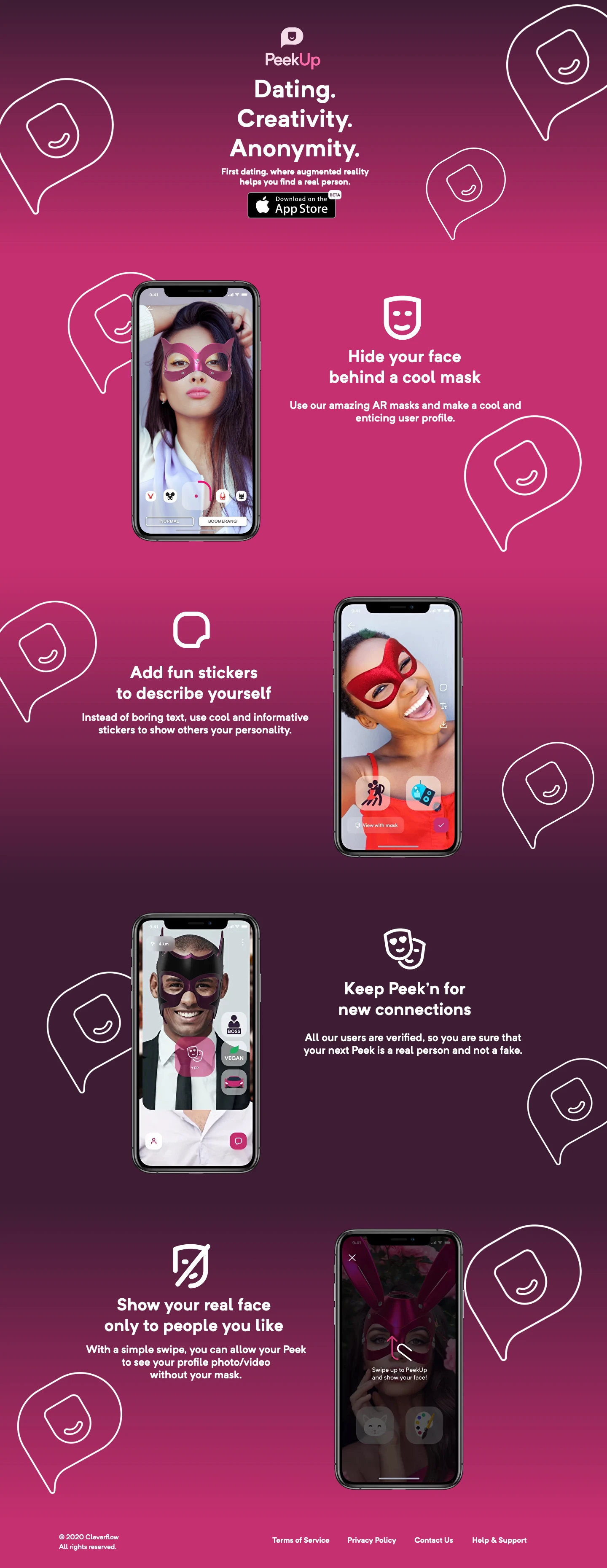 PeekUp Landing Page Example: First dating, where augmented reality helps you find real person.
