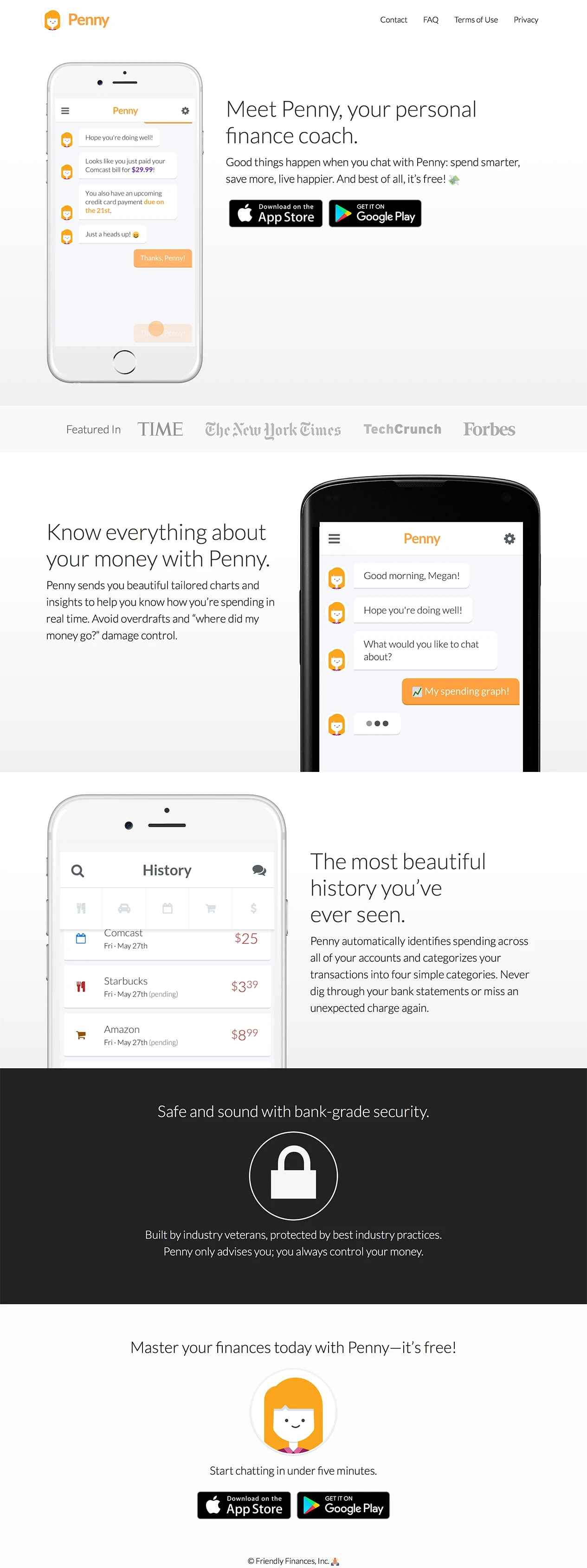 Penny Landing Page Example: Meet Penny, your personal finance coach. Spend smarter, save more, live happier.