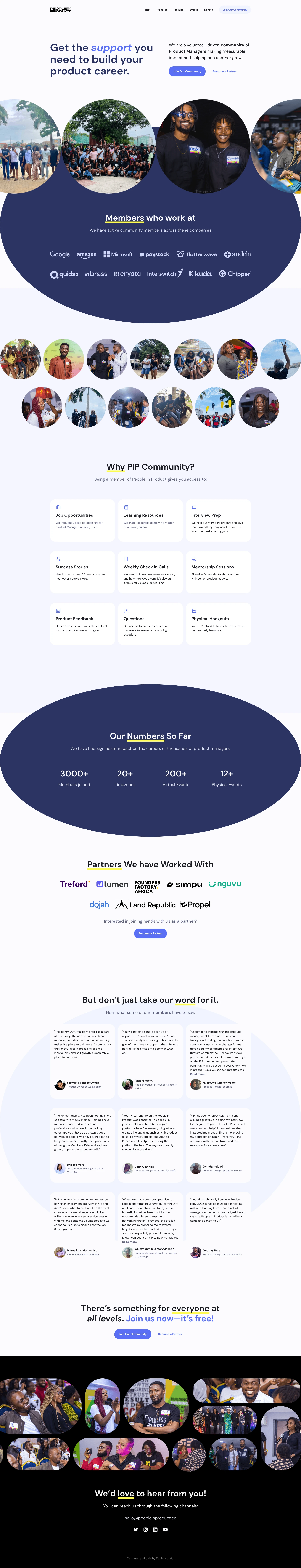 People in Product Landing Page Example: We are a volunteer-driven community of Product Managers making measurable impact and helping one another grow. Get the support you need to build your product career.