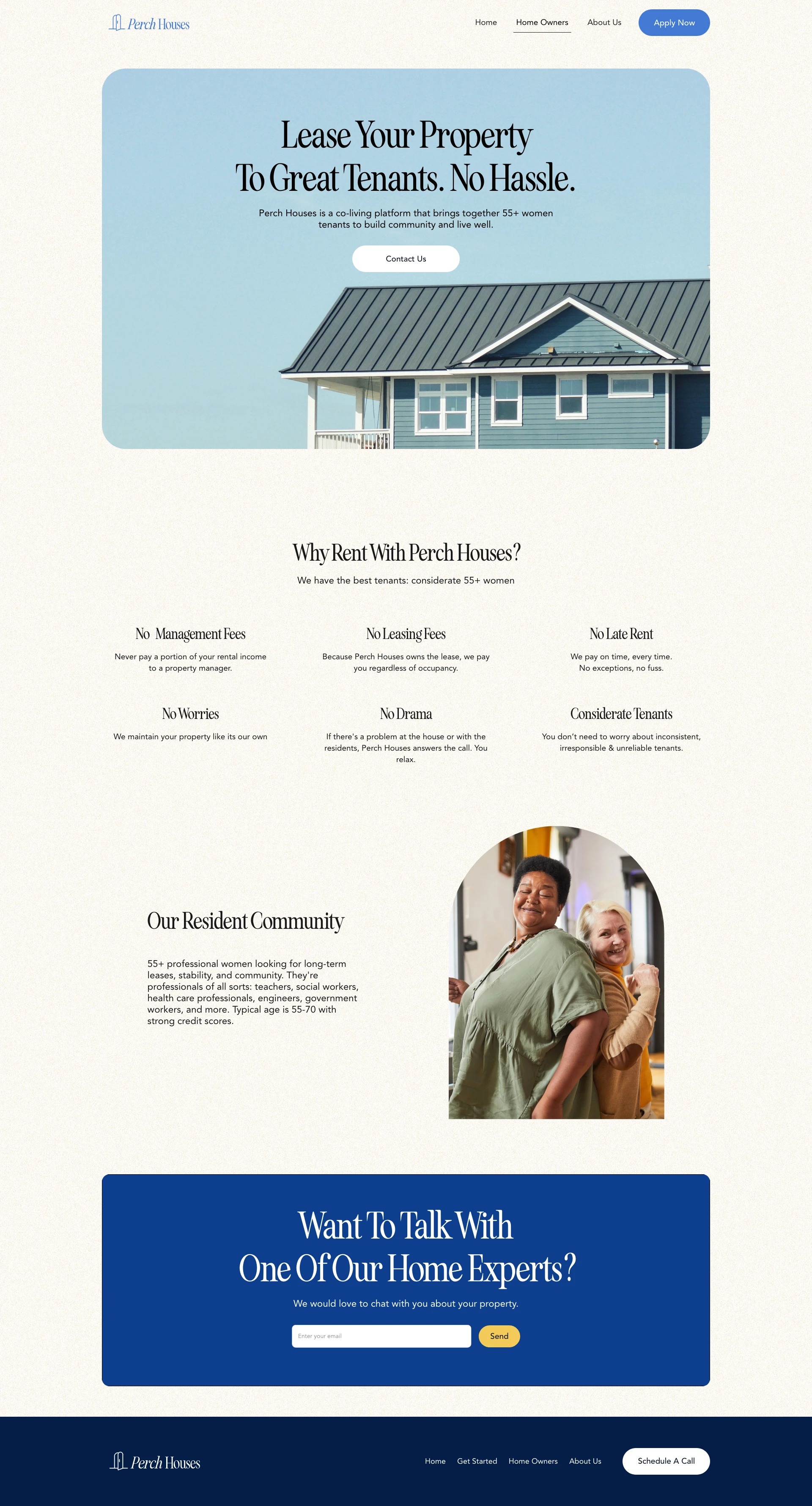 Perch Houses Landing Page Example: Perch Houses brings together women 55+ to co-live in affordable, spacious, beautifully designed houses for the best times of their lives.