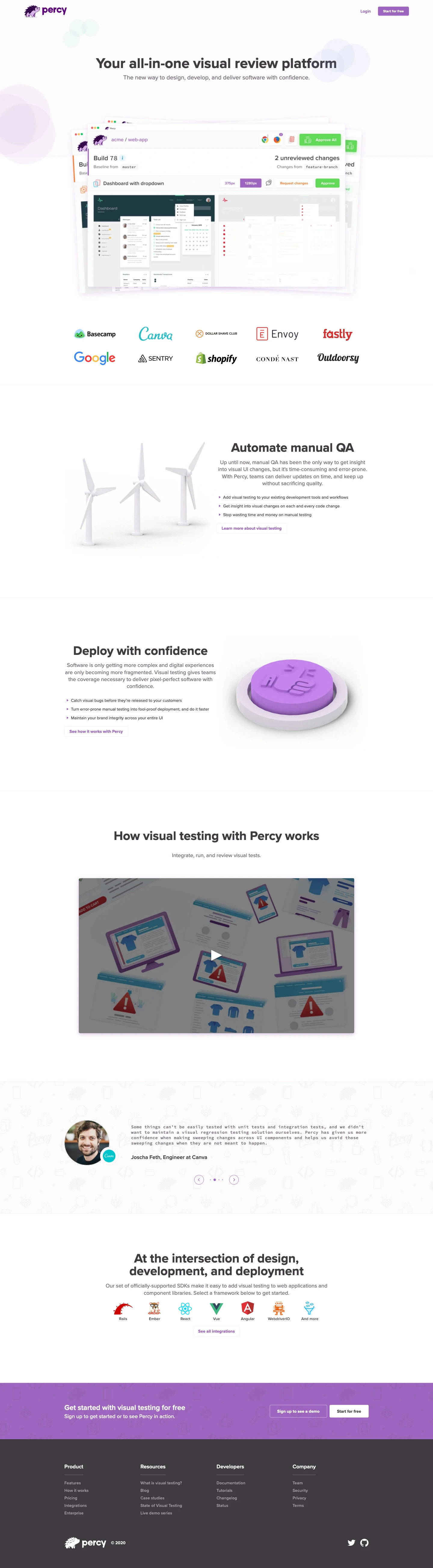 Percy Landing Page Example: Your all-in-one visual review platform. The new way to design, develop, and deliver software with confidence.