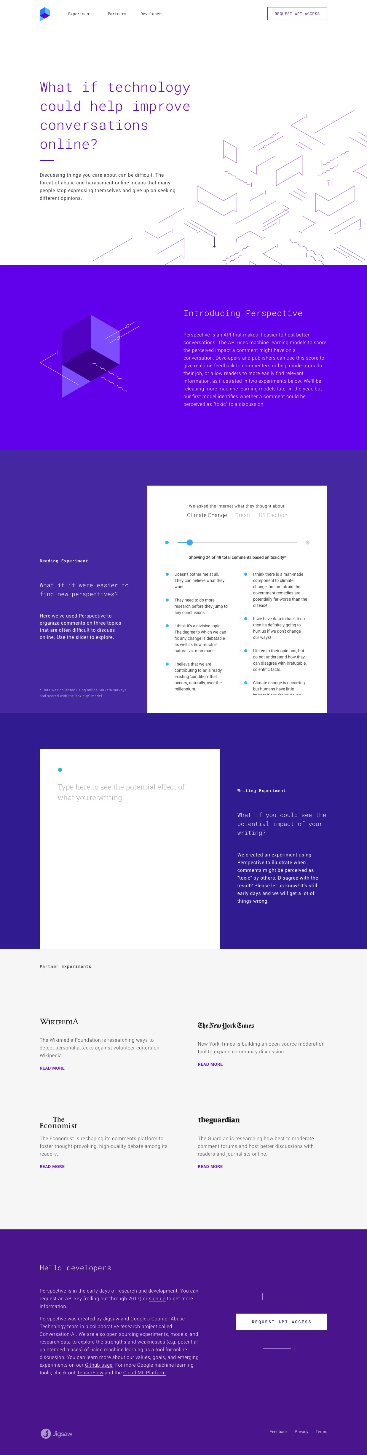 Perspective Landing Page Example: Perspective is an API that makes it easier to host better conversations.
