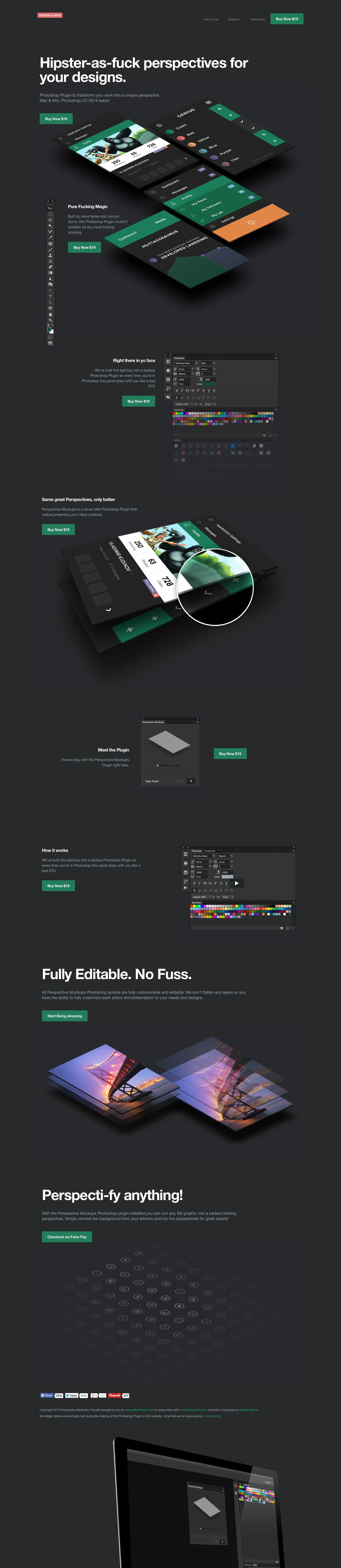 Perspective Mockups Landing Page Example: Photoshop Perspective Mockups Plugin. Perspective Mockups is a clever little Photoshop Plugin that makes presenting your ideas a breeze. Photoshop 2015 ready