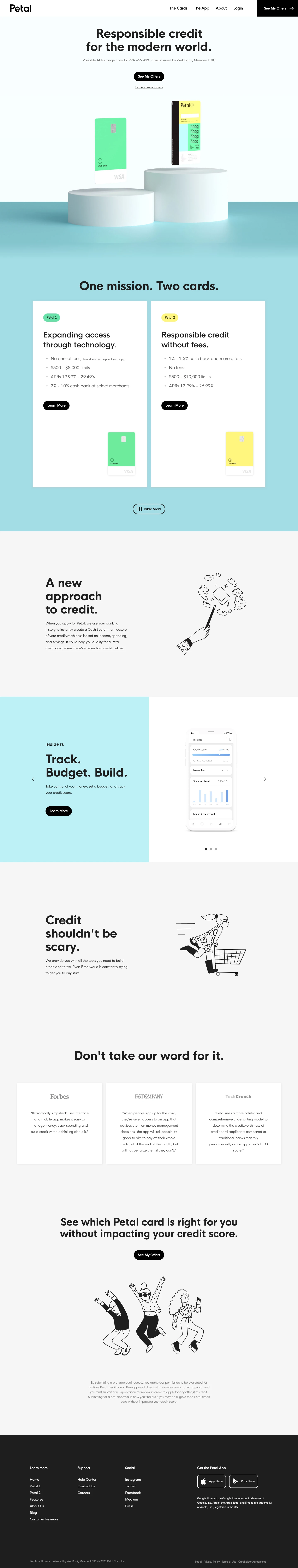 Petal Landing Page Example: Credit cards with  cash back at many local businesses, no annual or international fees, high limits, and a mobile app that makes it easy to manage your money, track your spending and automate payments.