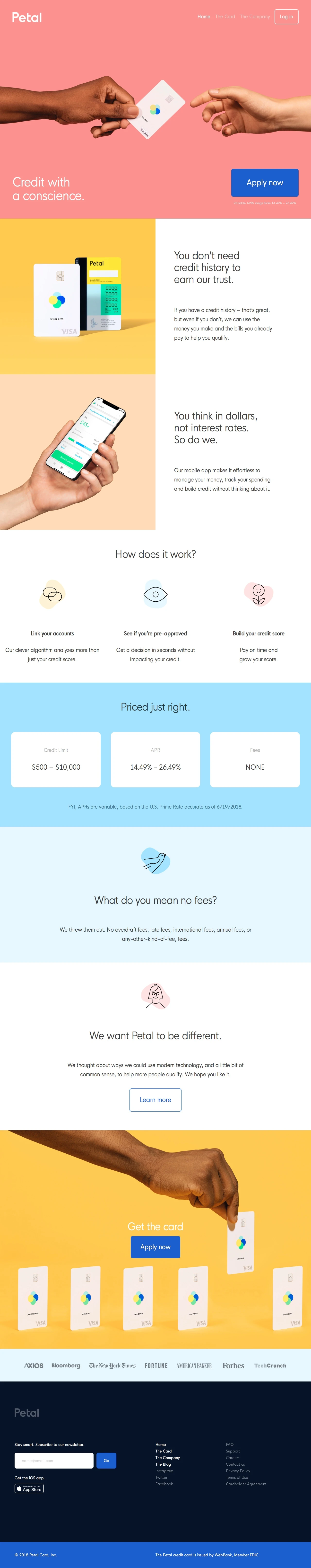 Petal Landing Page Example: A high limit, low interest rate, no-fee Visa credit card designed to help you manage money and start building credit, even if you have no credit.
