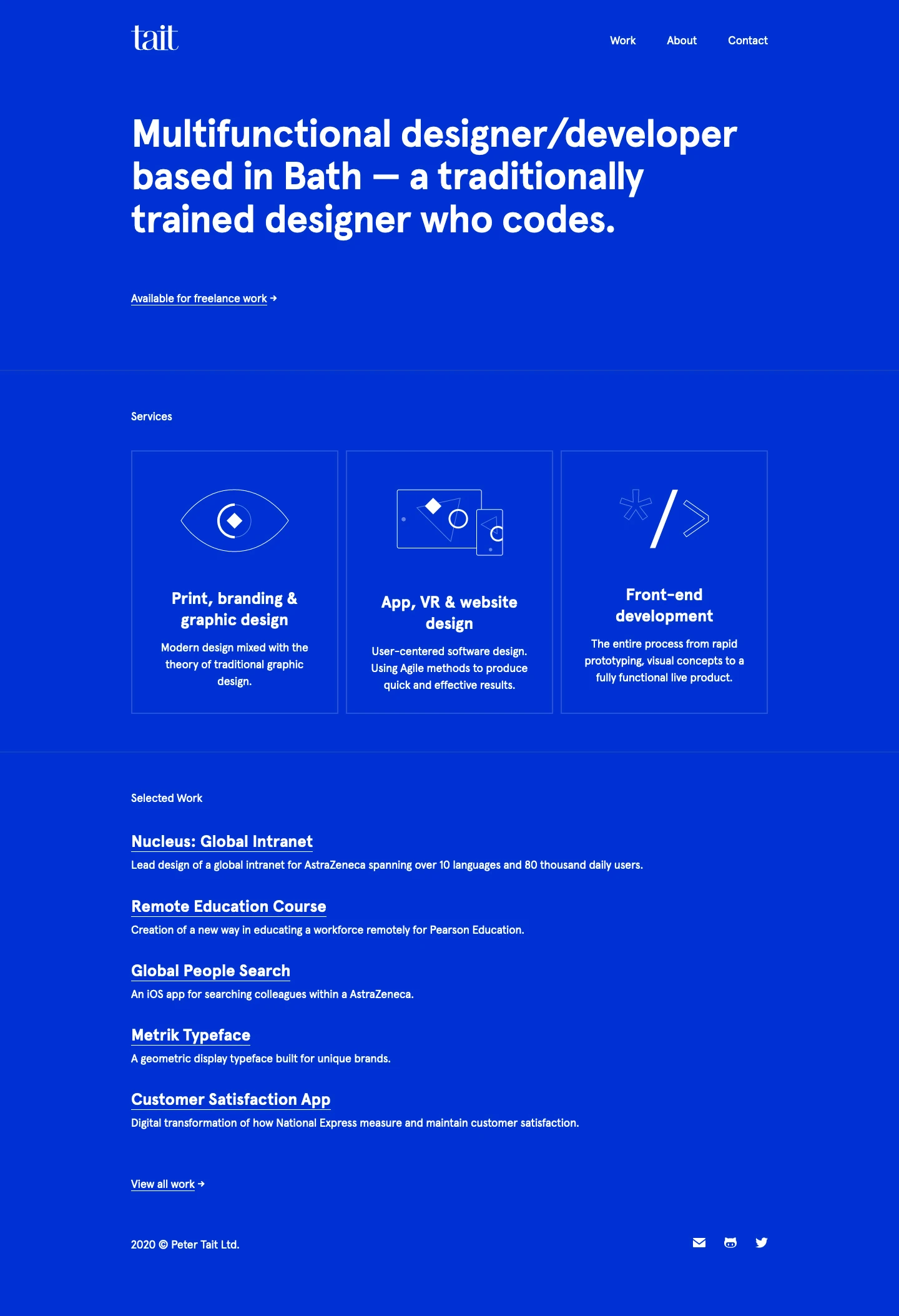 Peter Tait Landing Page Example: Multifunctional designer/developer based in Bath — a traditionally trained designer who codes.
