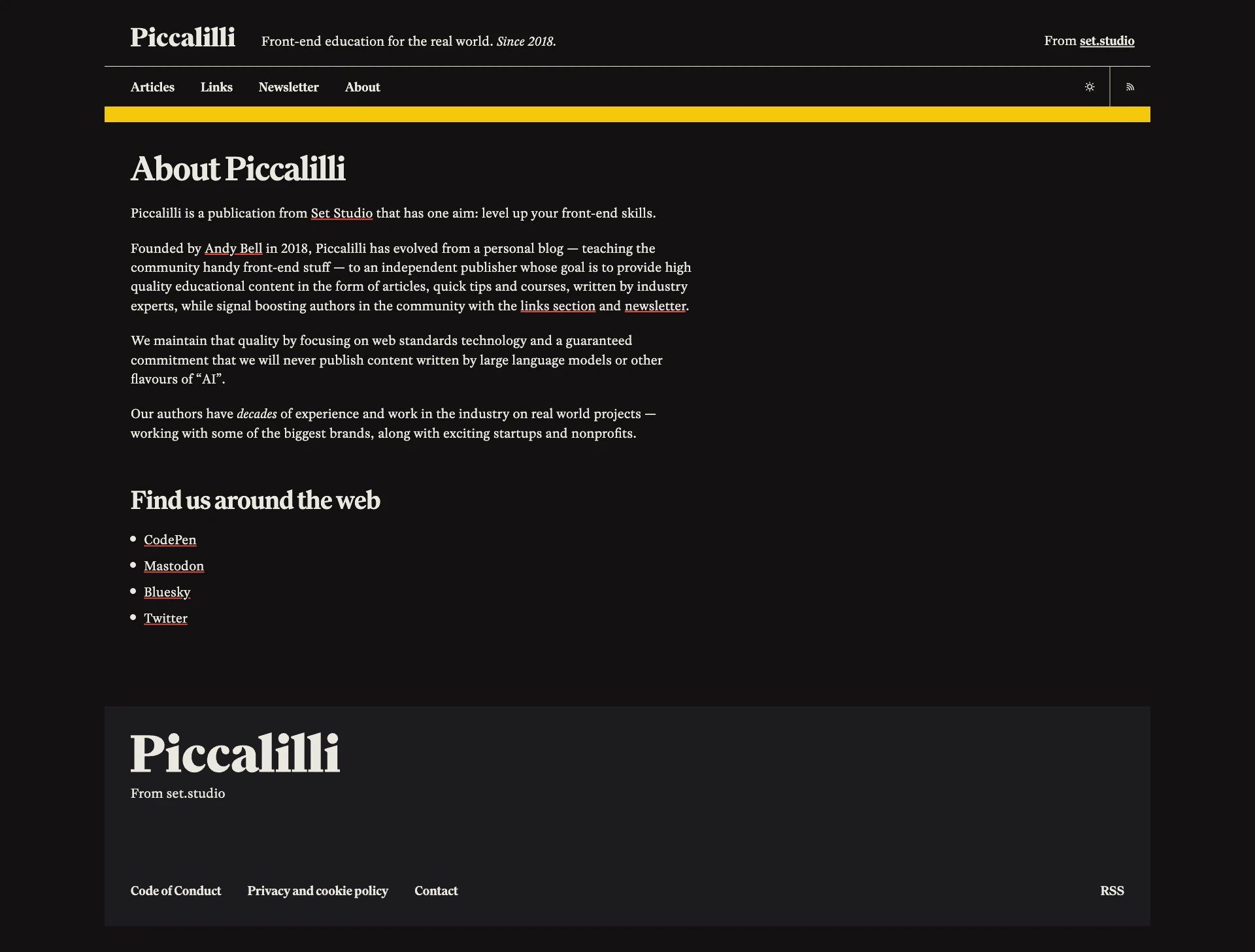 Piccalilli Landing Page Example: We are Piccalilli. A publication dedicated to providing high quality educational content to level up your front-end skills.