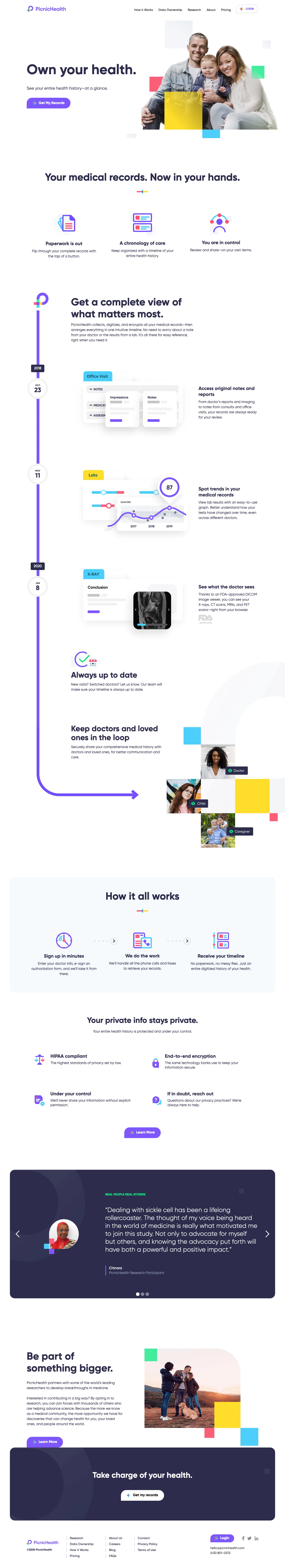 PicnicHealth Landing Page Example: We collect all your medical records in a secure, digital timeline. And we empower you to be part of something bigger by contributing to research, anonymously.