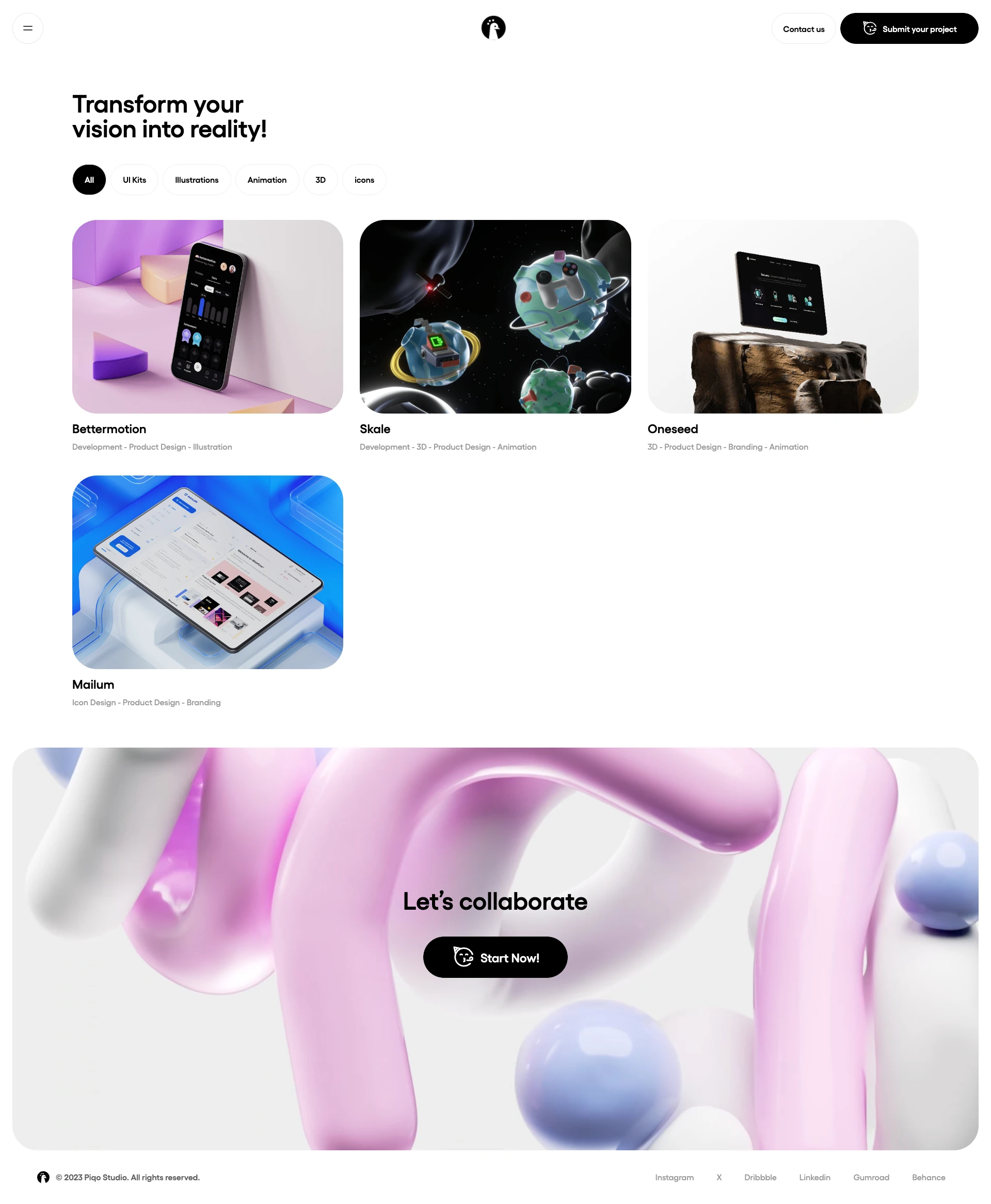Piqo Studio Landing Page Example: Transform your vision into reality. We create memorable and emotional websites, digital experiences, and native apps.