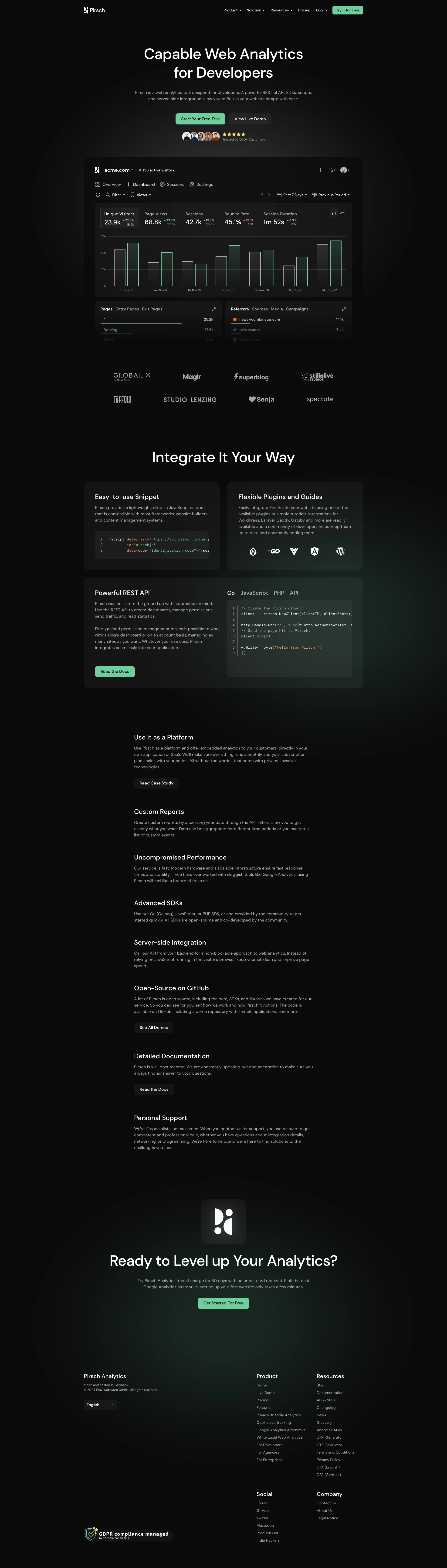 Pirsch Landing Page Example: Pirsch is a powerful, privacy-friendly, open-source alternative to Google Analytics — lightweight, cookie-free, and easily integrated into any website or app.