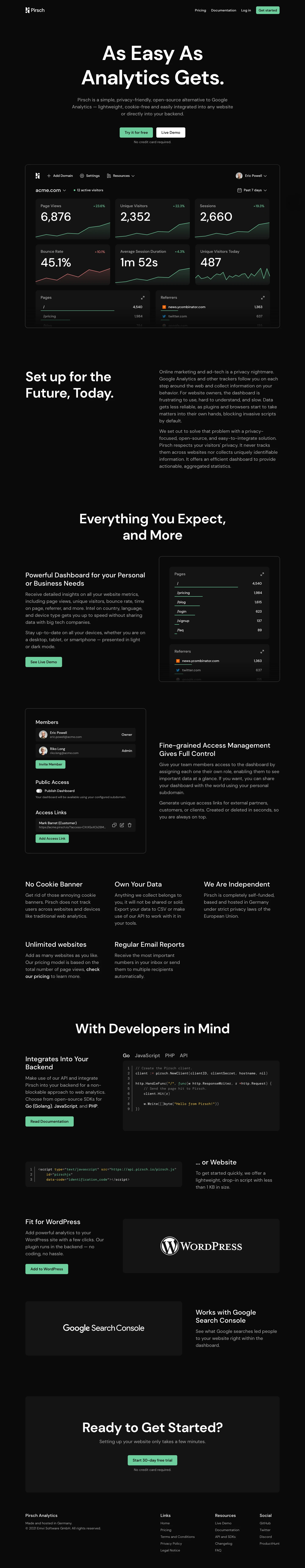 Pirsch Landing Page Example: Pirsch is a simple, privacy-friendly, open-source alternative to Google Analytics — lightweight, cookie-free and easily integrated into any website or directly into your backend.