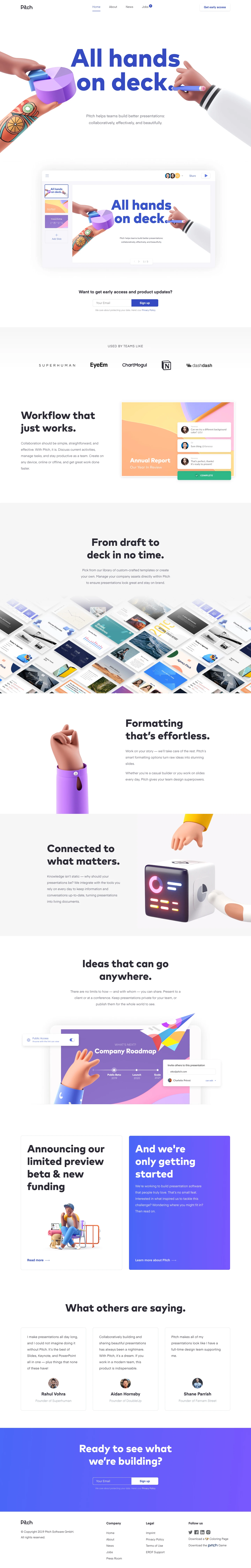 Pitch Landing Page Example: Pitch helps teams build better presentations: collaboratively, effectively, and beautifully.