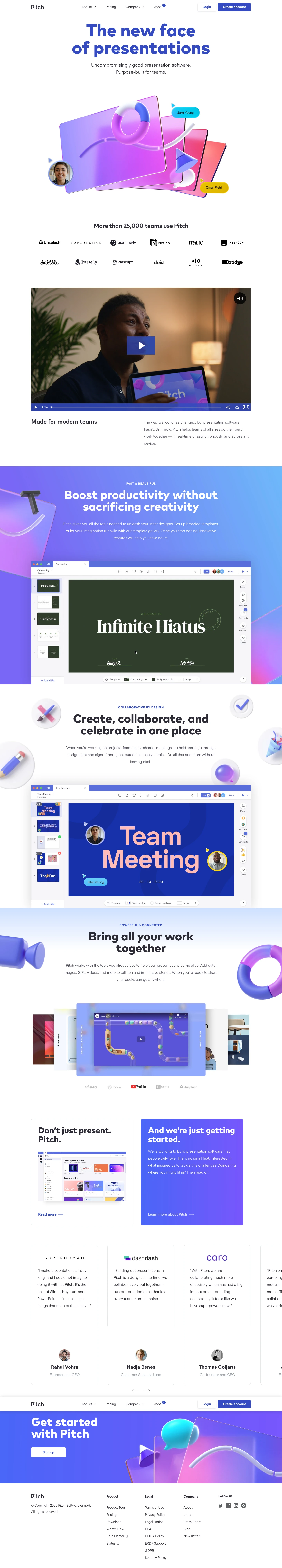 Pitch Landing Page Example: Pitch is uncompromisingly good presentation software, enabling modern teams to craft and distribute beautiful presentations more effectively.
