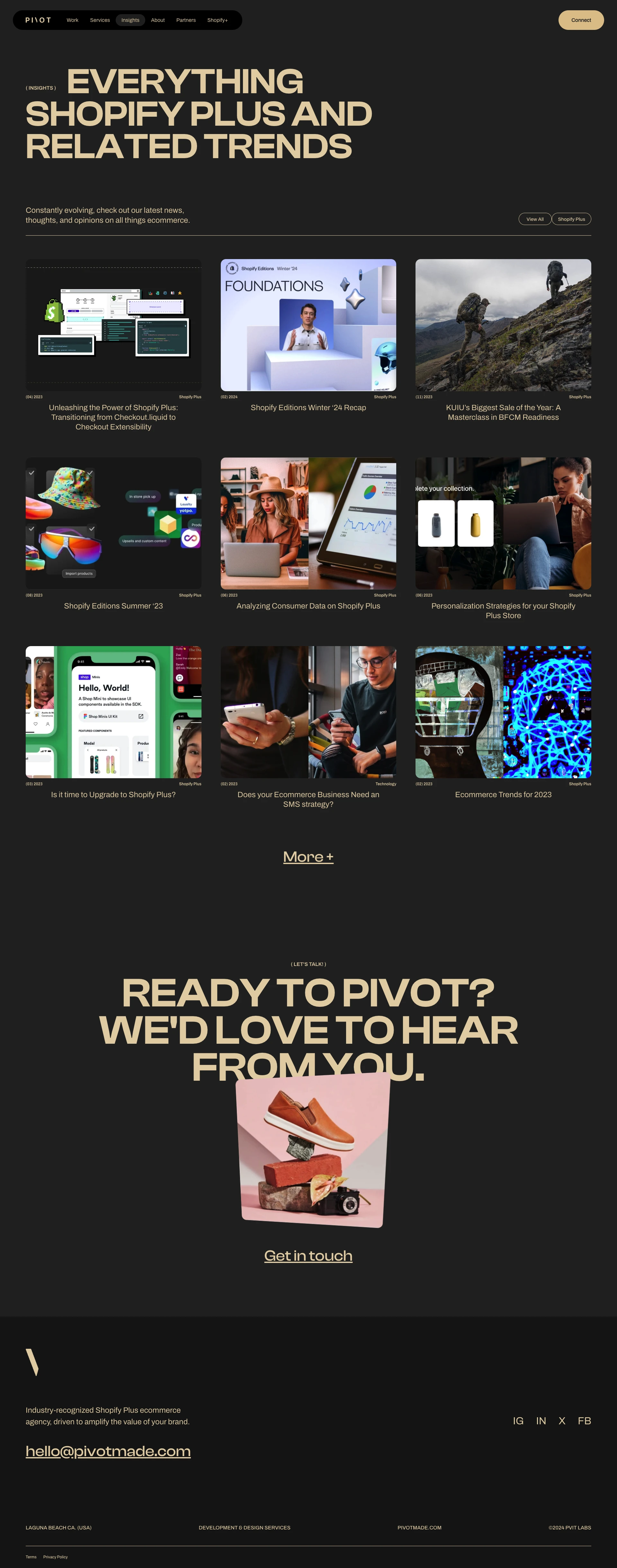 PIVOT Landing Page Example: At PIVOT, we provide tailored solutions and unwavering support to ecommerce businesses of all sizes, from budding startups to large enterprises. Our deep Shopify Plus expertise ensures your brand's growth and success.