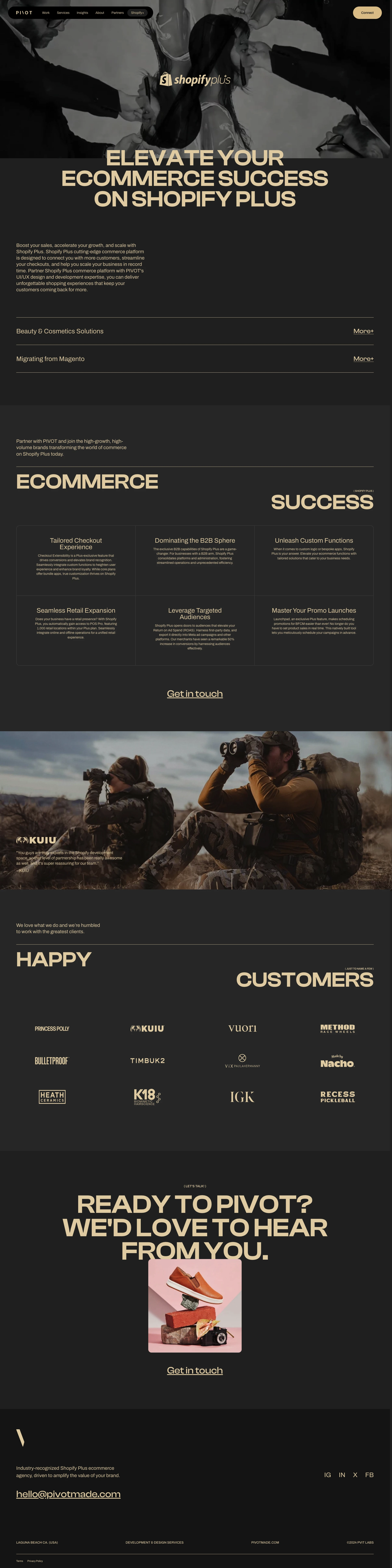 PIVOT Landing Page Example: At PIVOT, we provide tailored solutions and unwavering support to ecommerce businesses of all sizes, from budding startups to large enterprises. Our deep Shopify Plus expertise ensures your brand's growth and success.