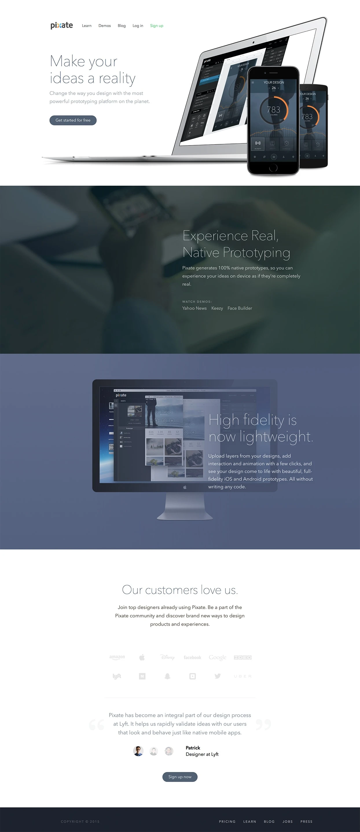 Pixate Landing Page Example: Change the way you design with the most powerful prototyping platform on the planet.
