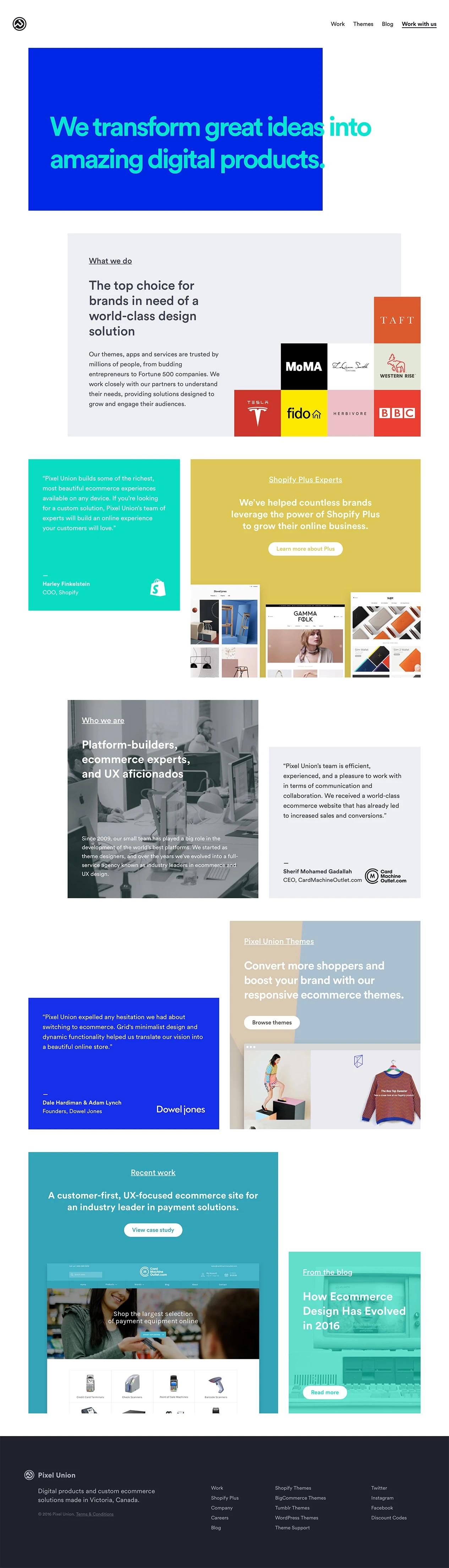 Pixel Union Landing Page Example: Shopify and BigCommerce themes, plus custom ecommerce solutions by leading theme creators Pixel Union. Check out the themes that power over 10,000 stores.