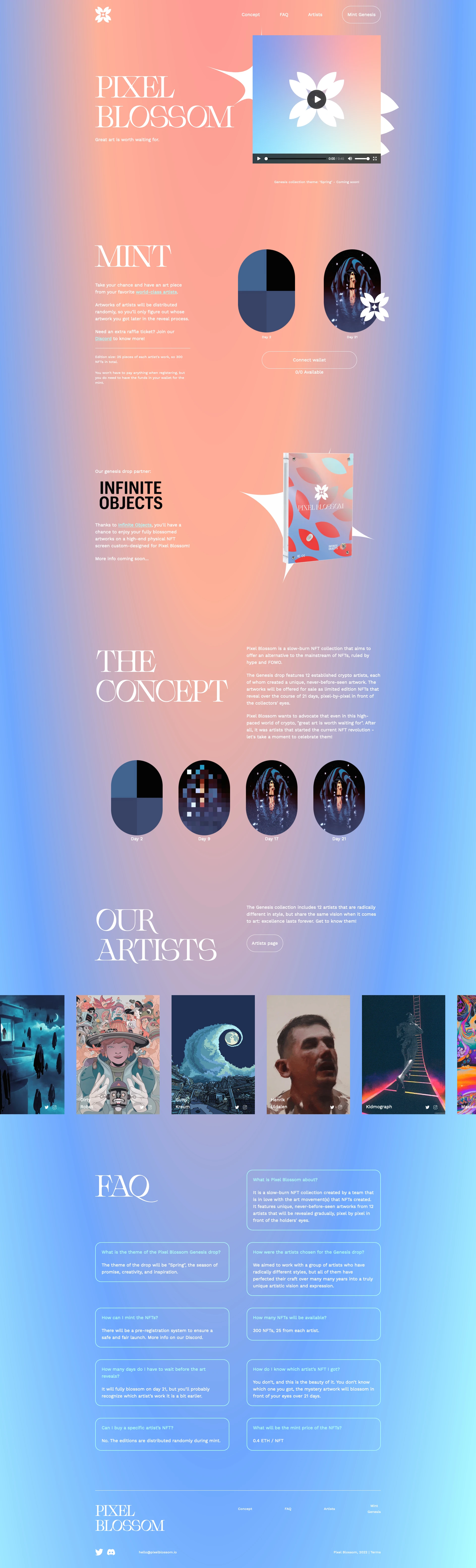 Pixel Blossom Landing Page Example: Pixel Blossom is a slow-burn NFT collection that aims to offer an alternative to the mainstream of NFTs, ruled by hype and FOMO.