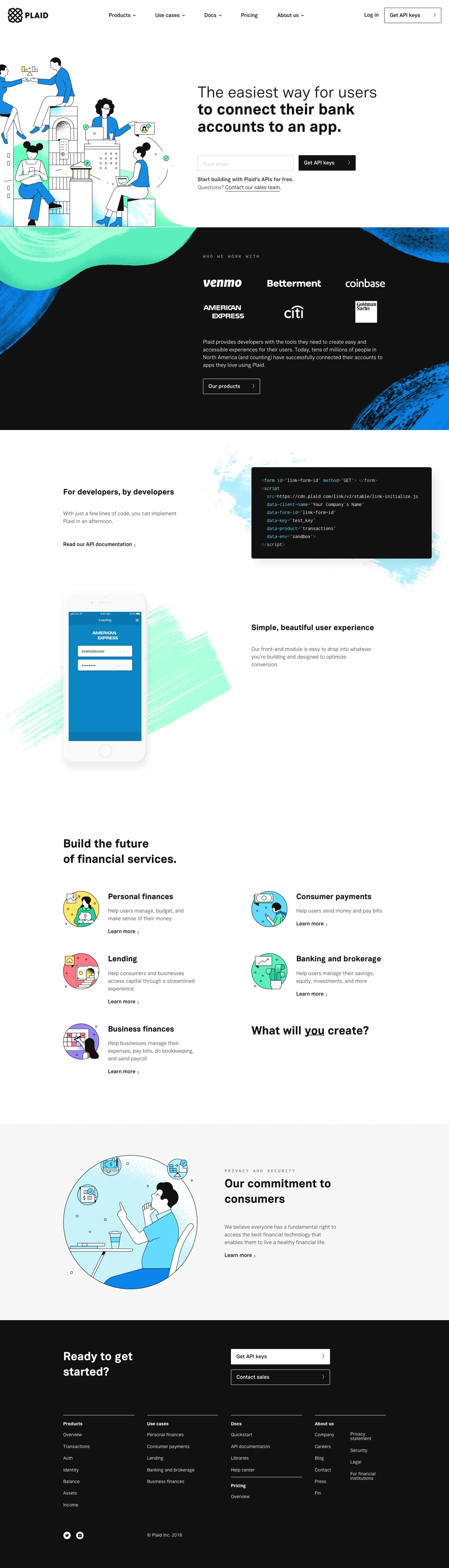 Plaid Landing Page Example: Develop the future of fintech with Plaid, the technology layer for financial services. Plaid enables applications to connect with users’ bank accounts.