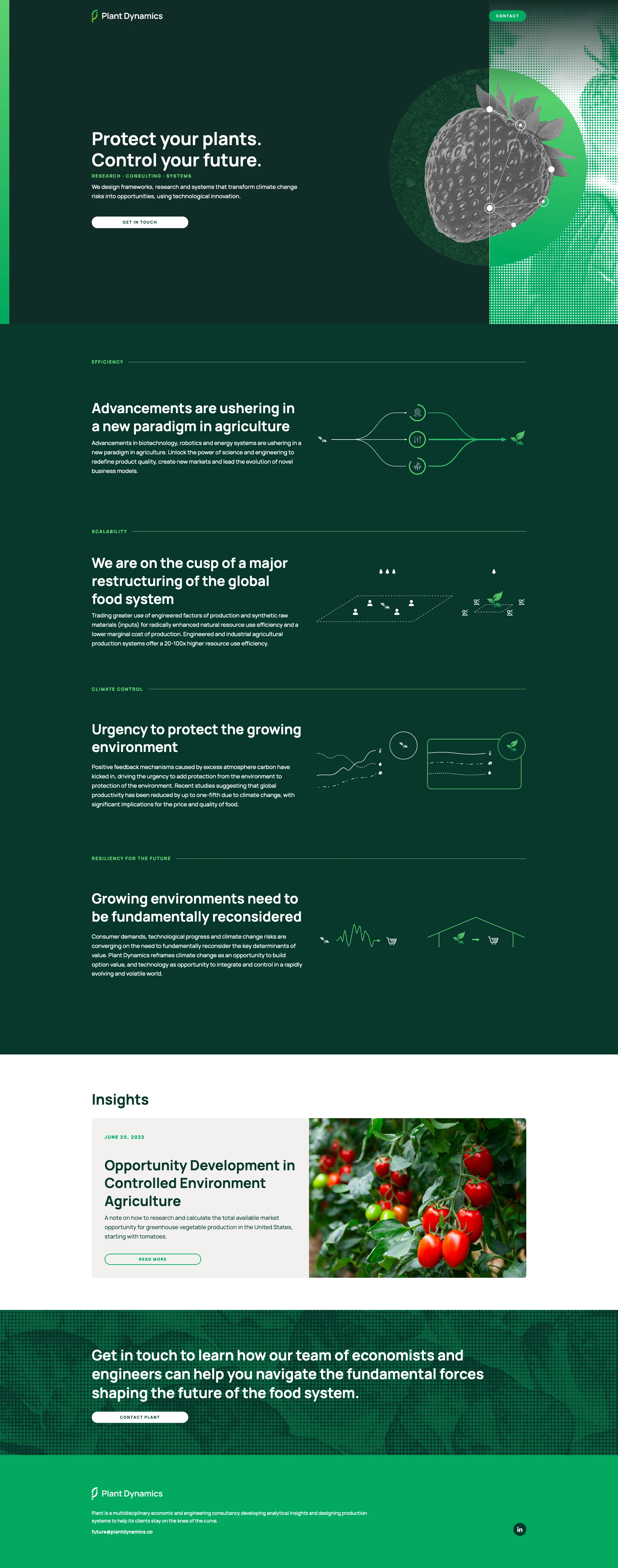 Plant Dynamics Landing Page Example: Plant is a multidisciplinary economic and engineering consultancy developing analytical insights and designing production systems to help its clients stay on the knee of the curve.