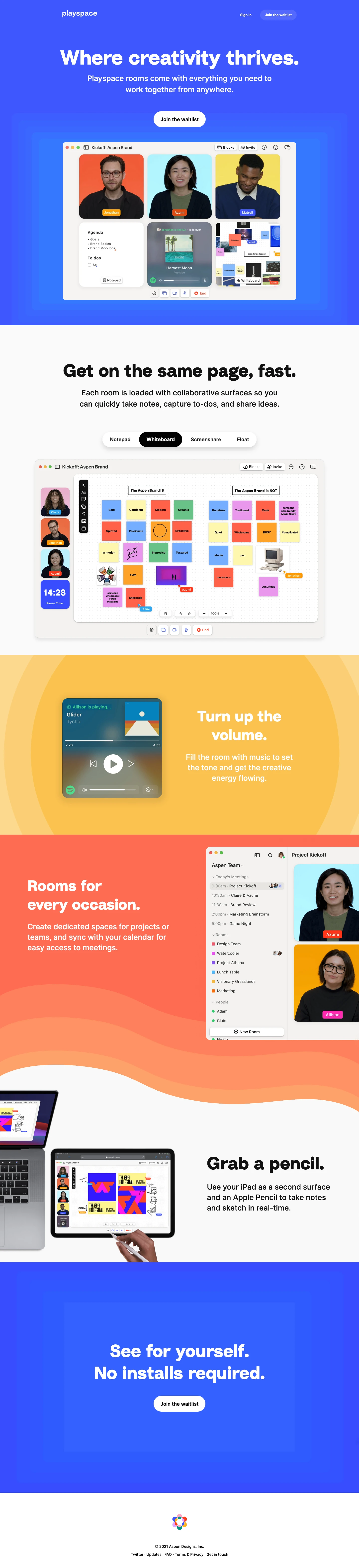 Playspace Landing Page Example: Virtual rooms that come with everything you need to work together: high-quality video alongside shared whiteboards, notepads and music.