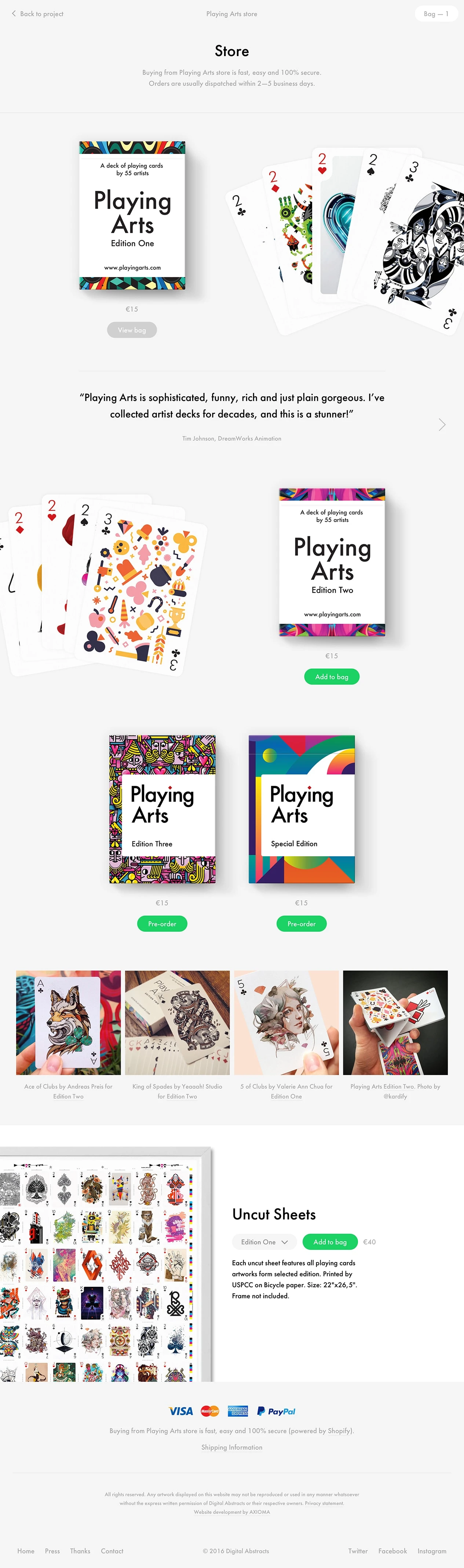 Playing Arts store Landing Page Example: Playing Arts is a collaborative art project that gathers the best designers and illustrators from all over the world with an idea to express their vision of an ordinary playing card using personal styles, techniques and imagination.