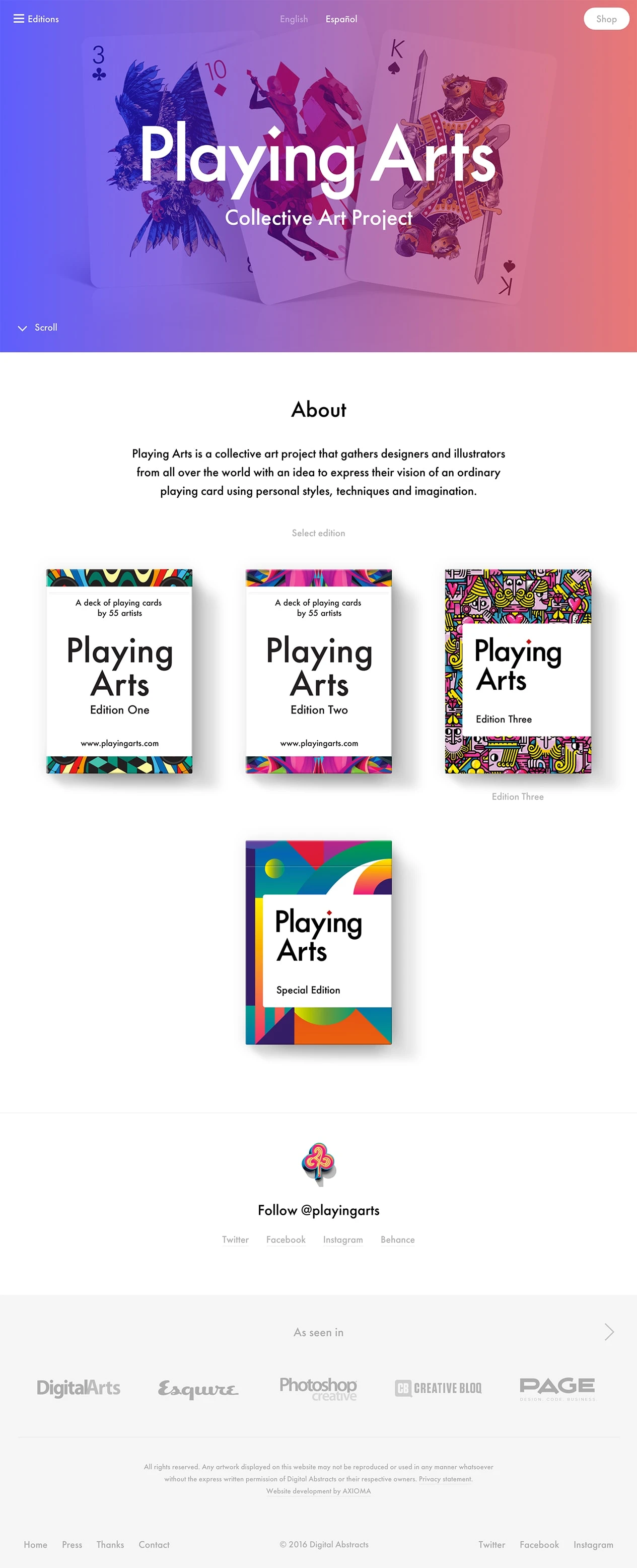 Playing Arts Landing Page Example: Playing Arts is a collaborative art project that gathers the best designers and illustrators from all over the world with an idea to express their vision of an ordinary playing card using personal styles, techniques and imagination.