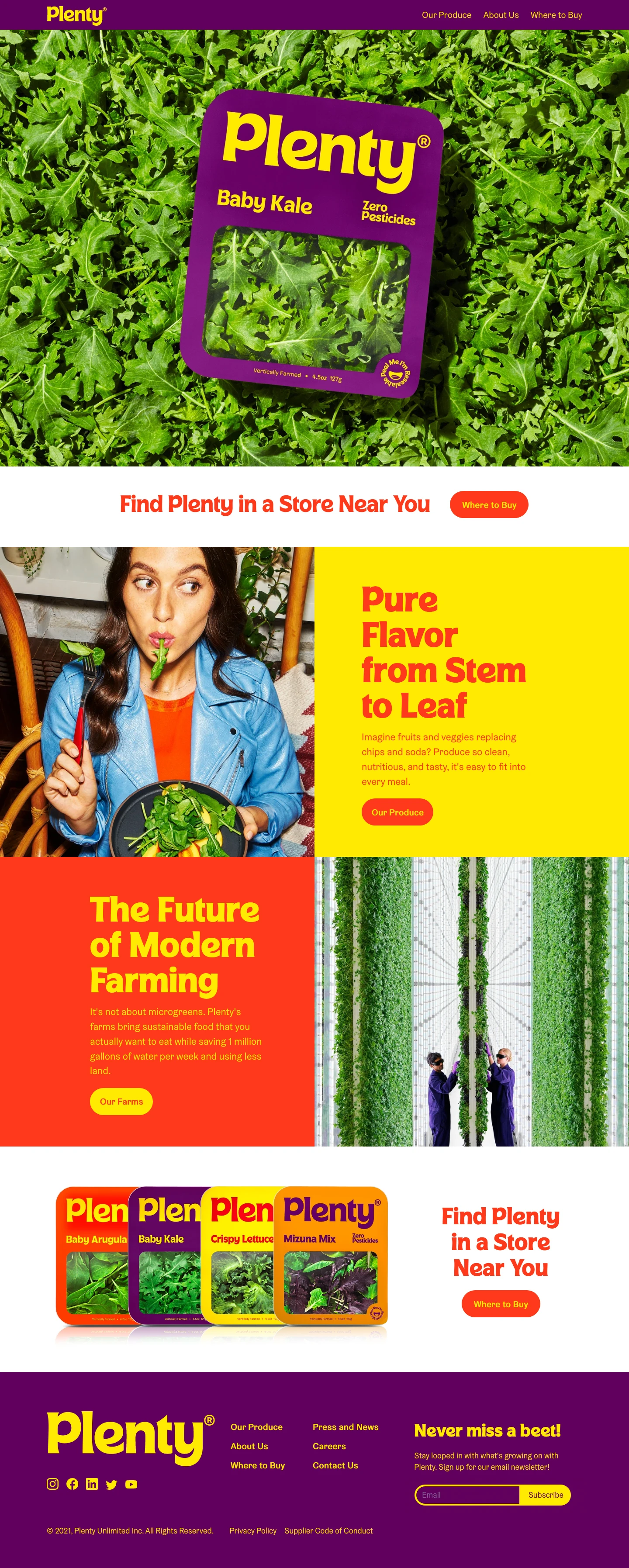 Plenty Landing Page Example: Plenty is an indoor vertical farming company that uses less space and fewer resources to grow flavorful, healthy, fresh, and clean produce year-round.