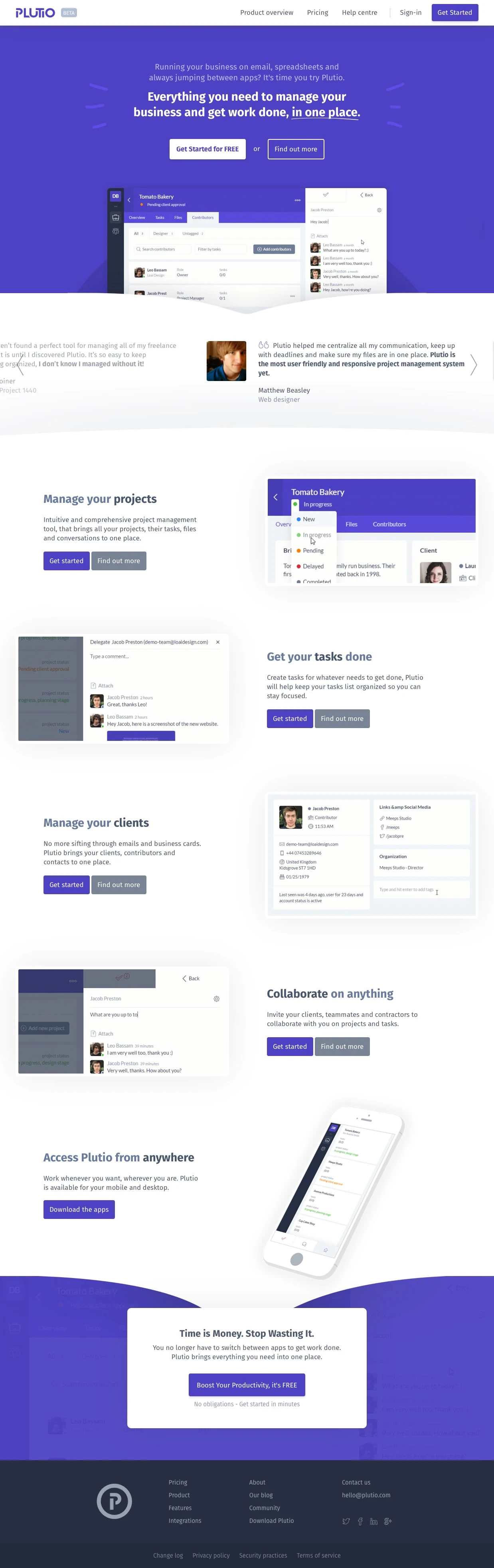Plutio  Landing Page Example: Everything you need to run your business and get work done, solely or with a team.