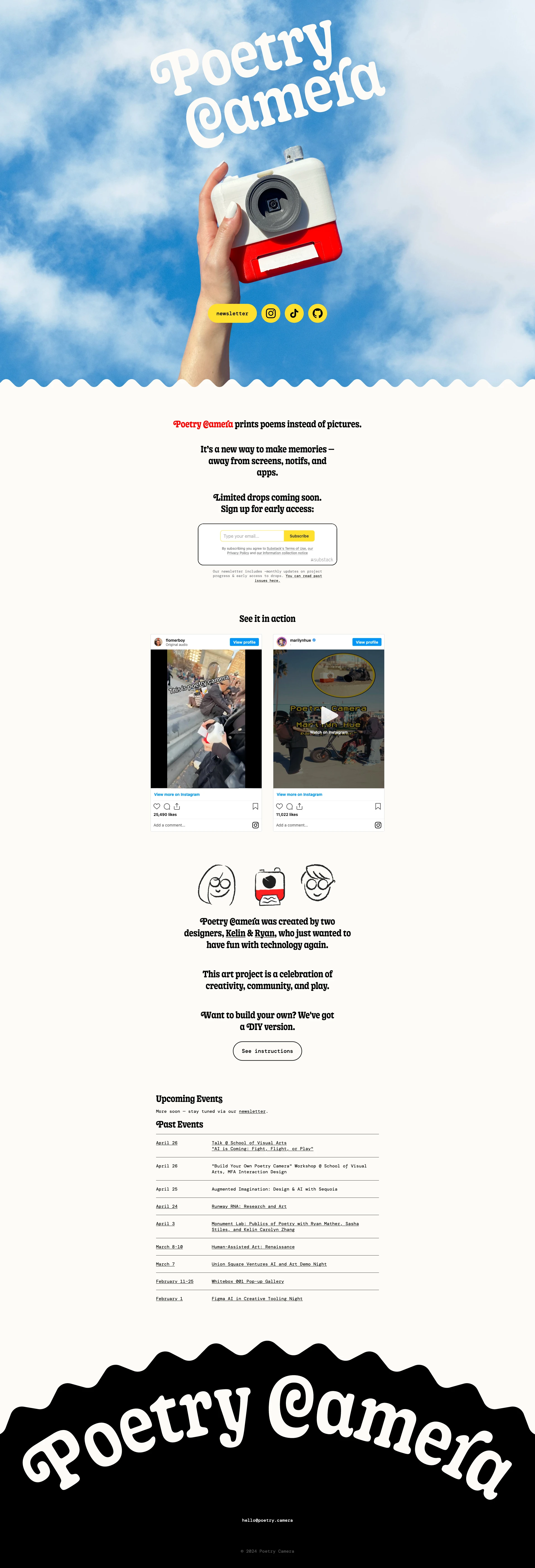 Poetry Camera Landing Page Example: A camera that prints poems of what it sees. Poetry Camera prints poems instead of pictures.  It’s a new way to make memories — away from screens, notifs, and apps.